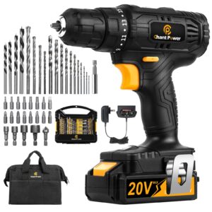 c p chantpower rechargeable drills, 20v electric power cordless drill with battery and charger, 16+1 torque setting, variable speed, max 1350 rpm, 3/8" keyless chuck, led light for drilling wood,metal