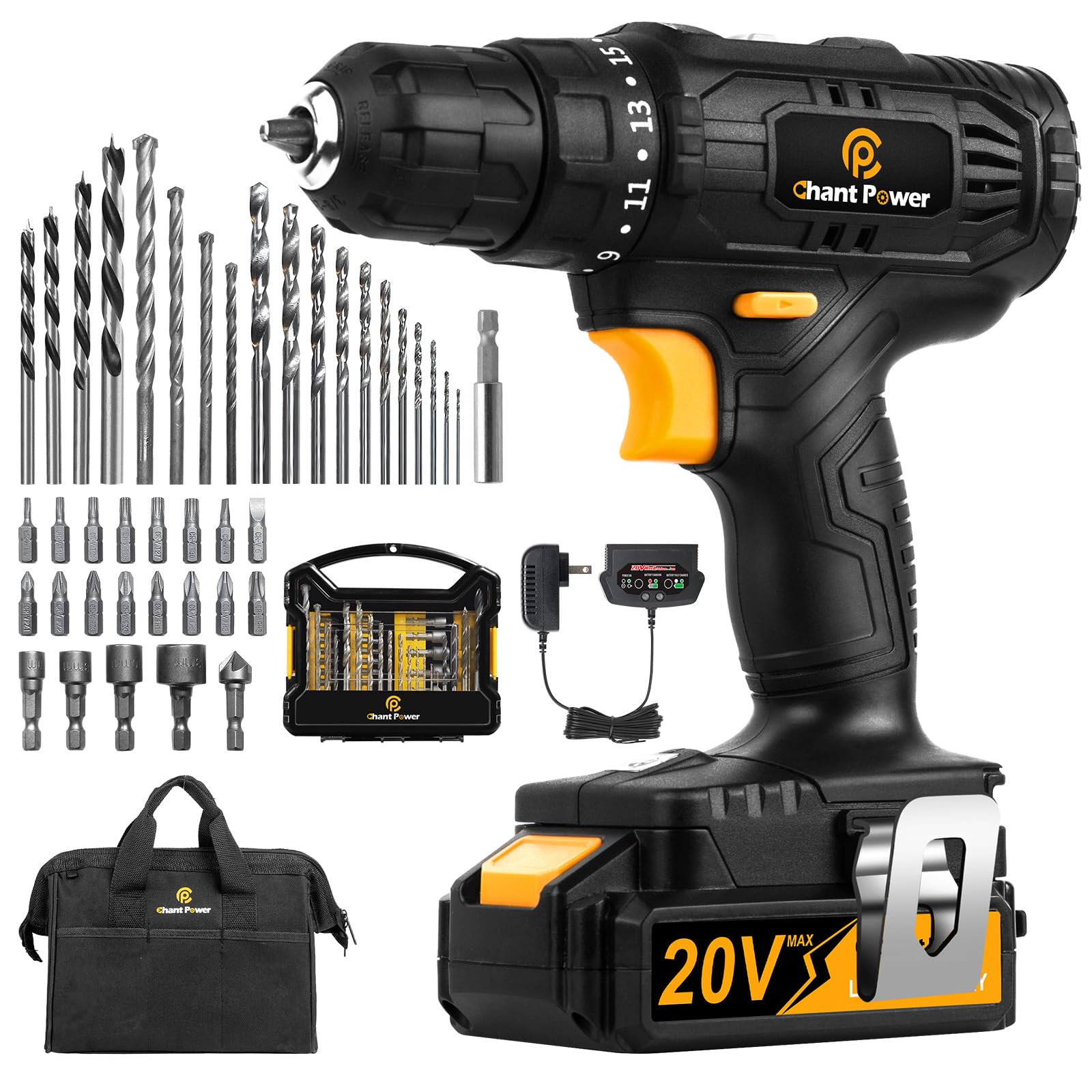 C P CHANTPOWER Rechargeable Drills, 20V Electric Power Cordless Drill with Battery and Charger, 16+1 Torque Setting, Variable Speed, Max 1350 RPM, 3/8" Keyless Chuck, LED Light for Drilling Wood,Metal