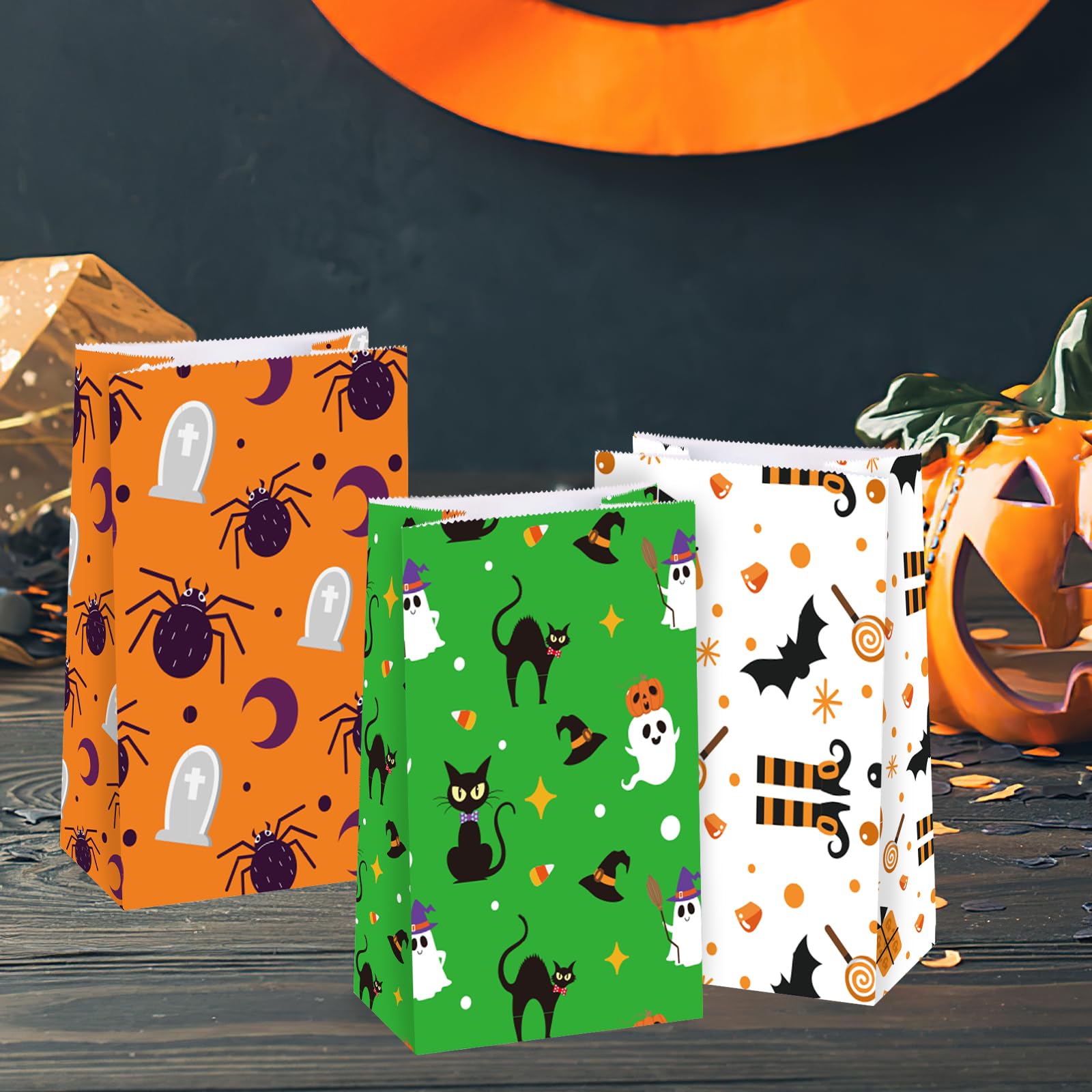 JOHOUSE 54PCS Halloween Candy Bags Bulk, Halloween Paper Treat Bags Small Gift Bags Favor Bags with Sealing Stickers for Trick or Treat Party Decor