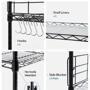 LINSY HOME Upgrade 5-Tier Storage Shelves, Height Adjustable Pantry Shelves with 5 Hooks & Shelf Liners, Metal Shelves for Storage, Storage Shelf Heavy Duty for Living Room, Kitchen, Bathroom