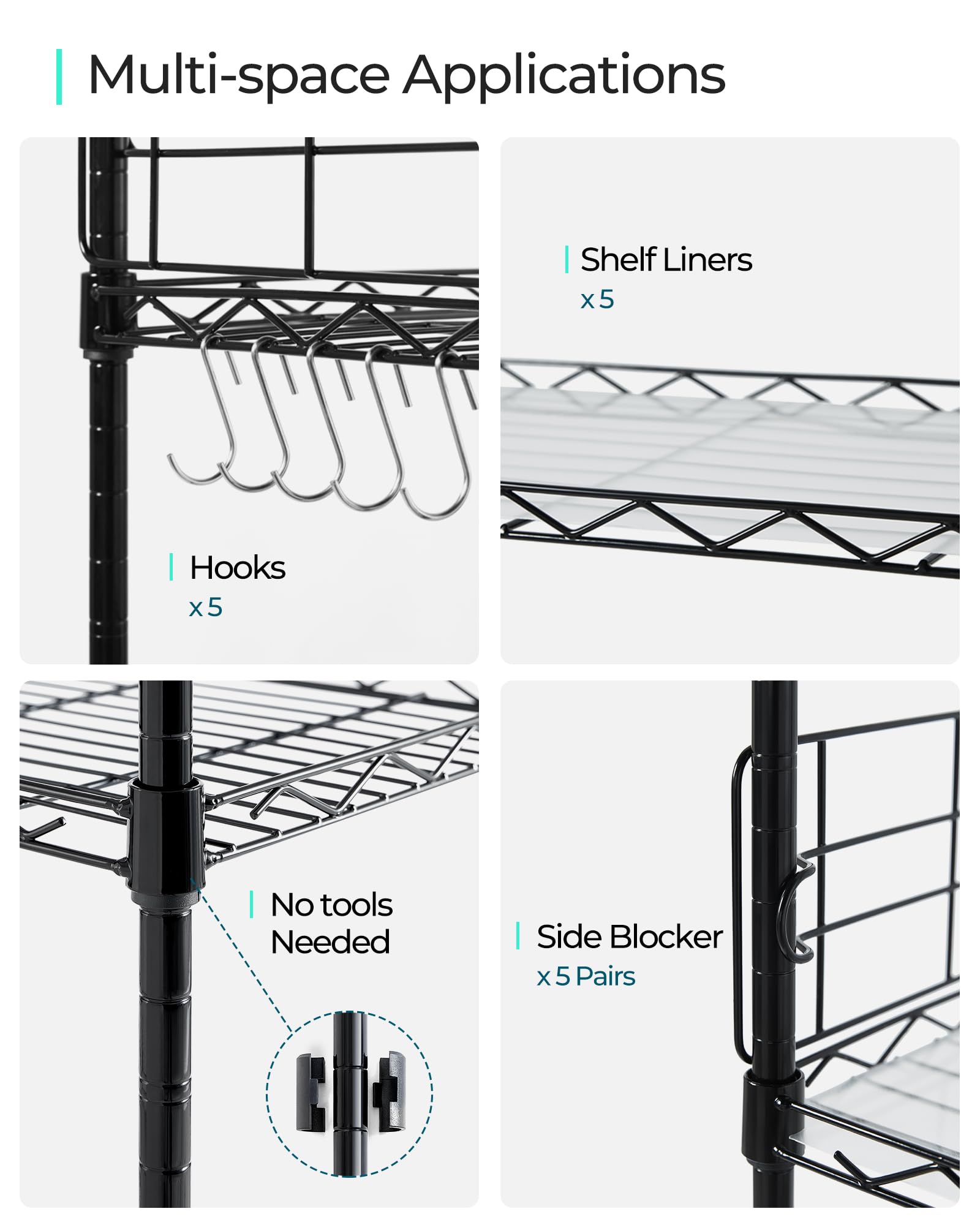 LINSY HOME Upgrade 5-Tier Storage Shelves, Height Adjustable Pantry Shelves with 5 Hooks & Shelf Liners, Metal Shelves for Storage, Storage Shelf Heavy Duty for Living Room, Kitchen, Bathroom