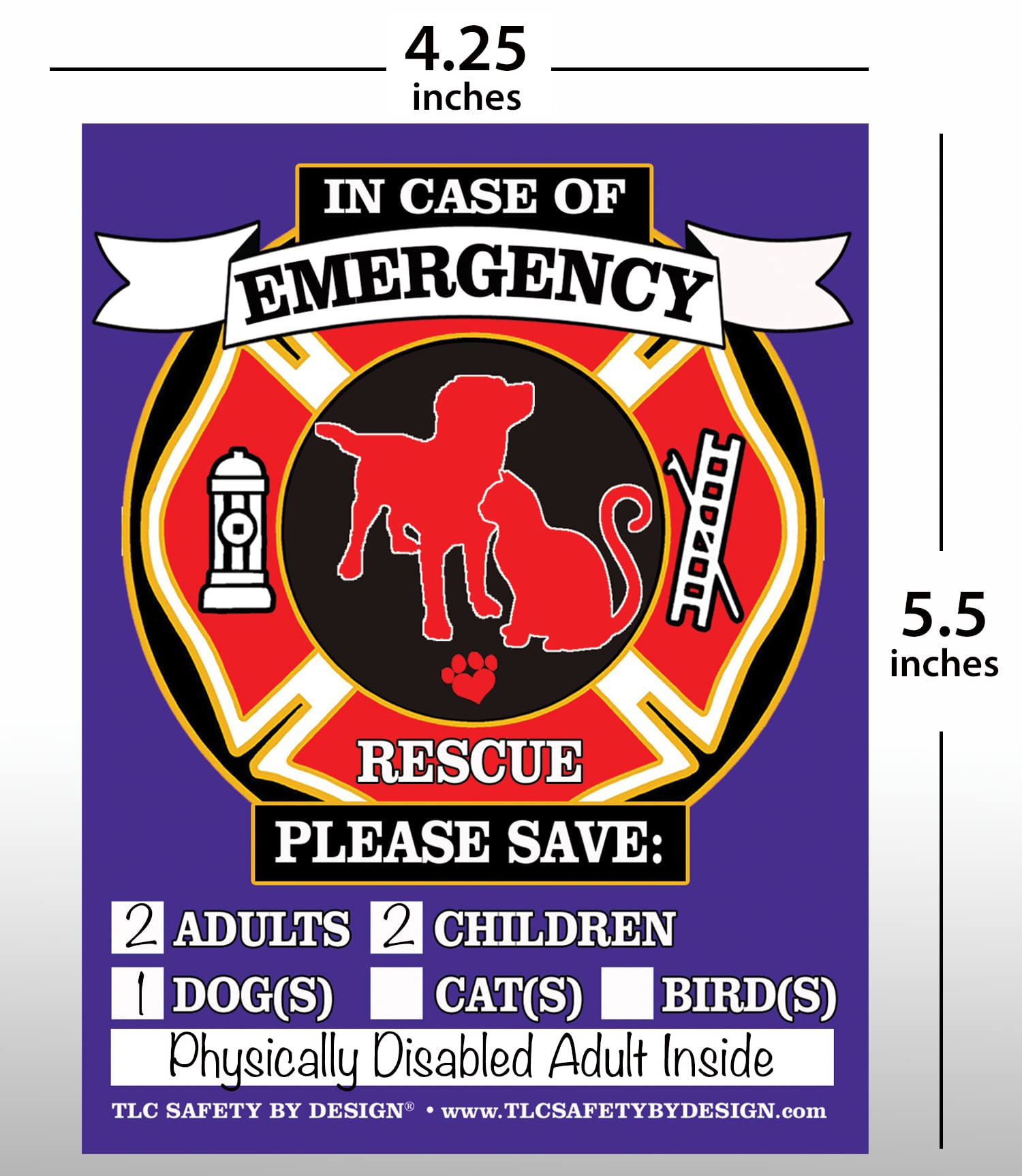 TLC Safety By Design Fire Rescue 4.25" x 5.5" Magnet Safety Alert Emergency Children Adults Pet Dog Cat for Steel Magnetic Exterior Apartment Doors