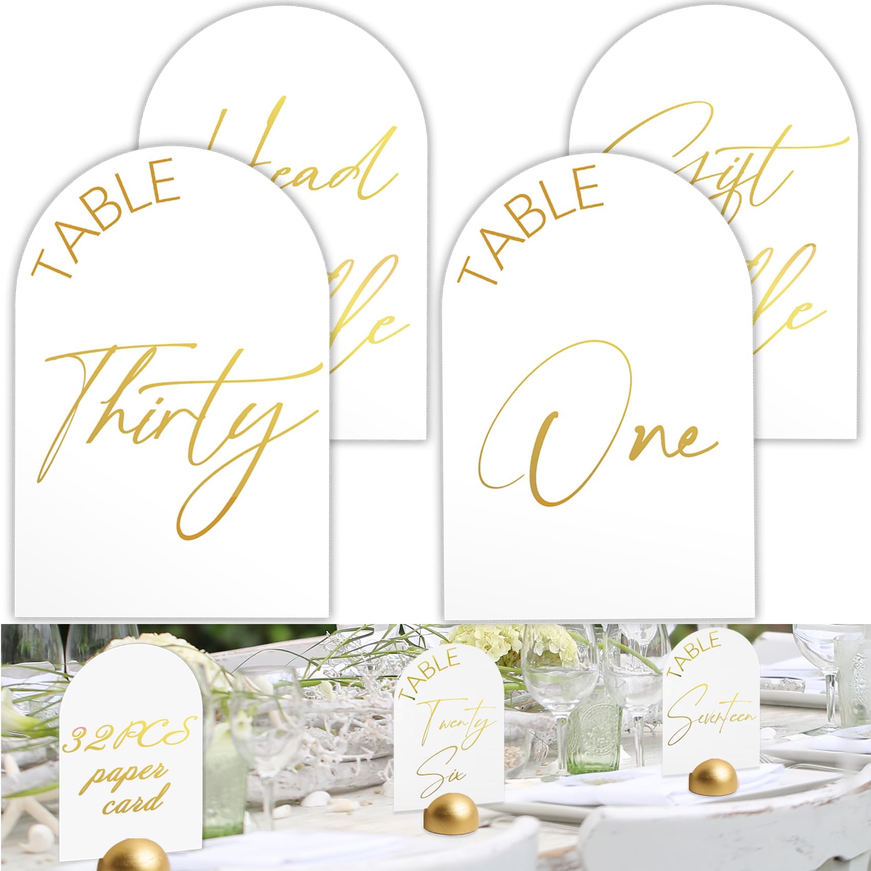 ontigola Modern Arch Table Number Card Stock Signs for Wedding Reception Set of 1-30 + Head Table 4" x 6" Shiny Gold Foil Table Number Card Signs for Restaurant, Event Party