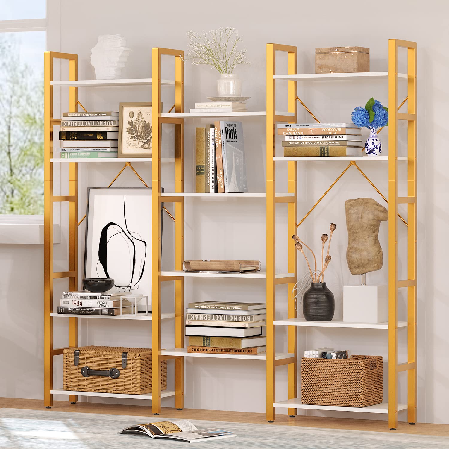 oneinmil Industrial Bookshelves 5 Tiers Corner Bookcases,Large Book Shelf with Metal Frame Open Storage Corner Cabinet for Living Room Home Office,Golden