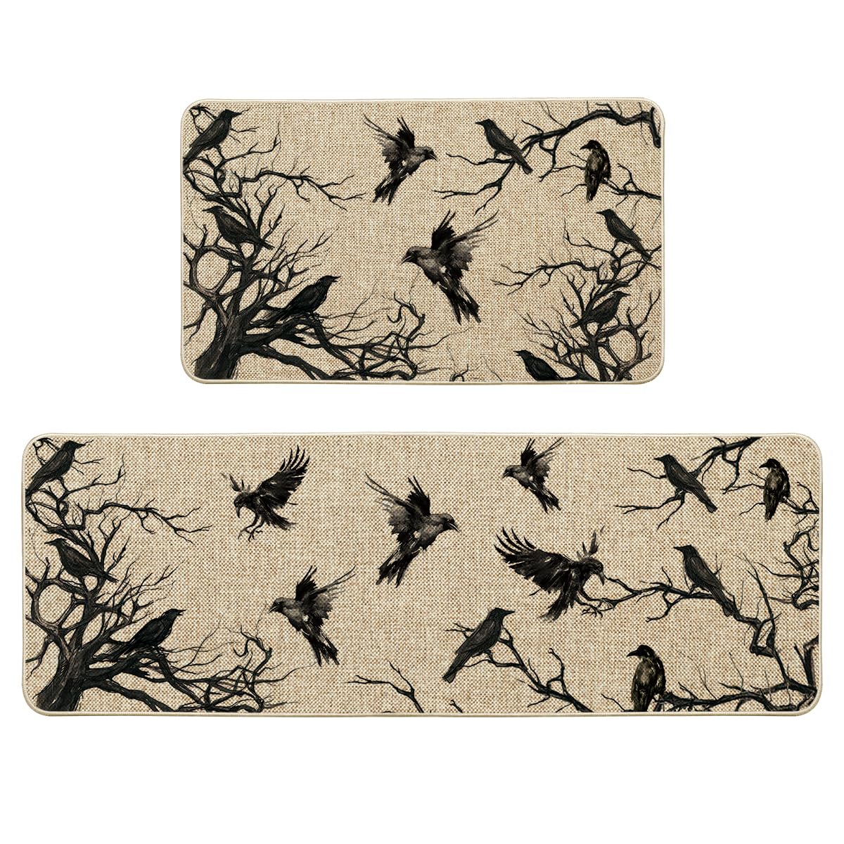 Artoid Mode Crows Tree Branches Halloween Kitchen Mats Set of 2, Home Decor Low-Profile Kitchen Rugs for Floor - 17x29 and 17x47 Inch