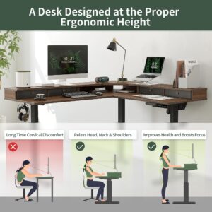 FEZIBO 63" L Shaped Standing Desk with Drawers, Electric Adjustable Height Standing Gaming Desk L Shape, Black Walnut Top/Black Frame