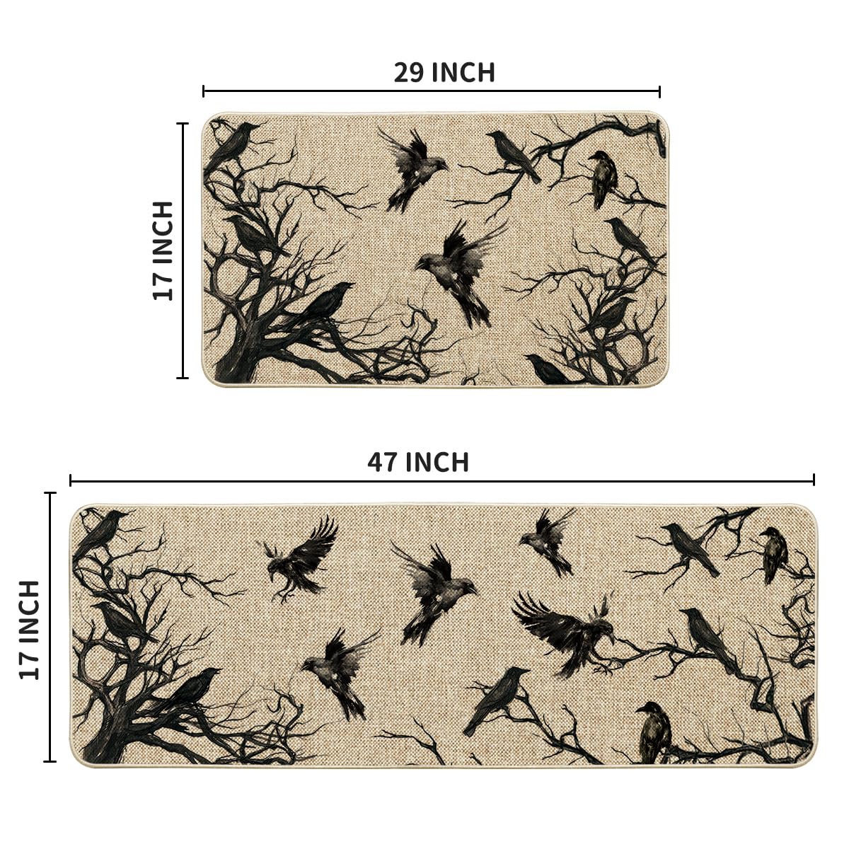 Artoid Mode Crows Tree Branches Halloween Kitchen Mats Set of 2, Home Decor Low-Profile Kitchen Rugs for Floor - 17x29 and 17x47 Inch