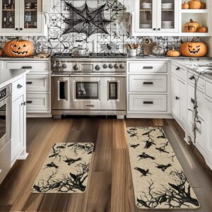 Artoid Mode Crows Tree Branches Halloween Kitchen Mats Set of 2, Home Decor Low-Profile Kitchen Rugs for Floor - 17x29 and 17x47 Inch