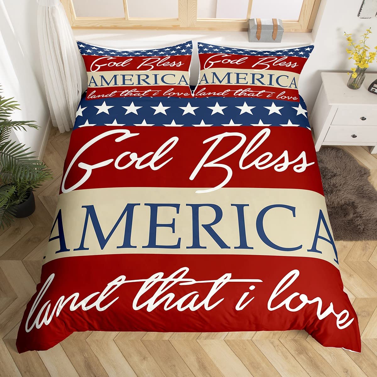 Independence Day Memorial Day Bedding Duvet Cover Set Queen Size 4th of July Bedding American Flag Comforter Cover Set Microfiber Bedspread Cover Patriotic Bedroom Bedclothes