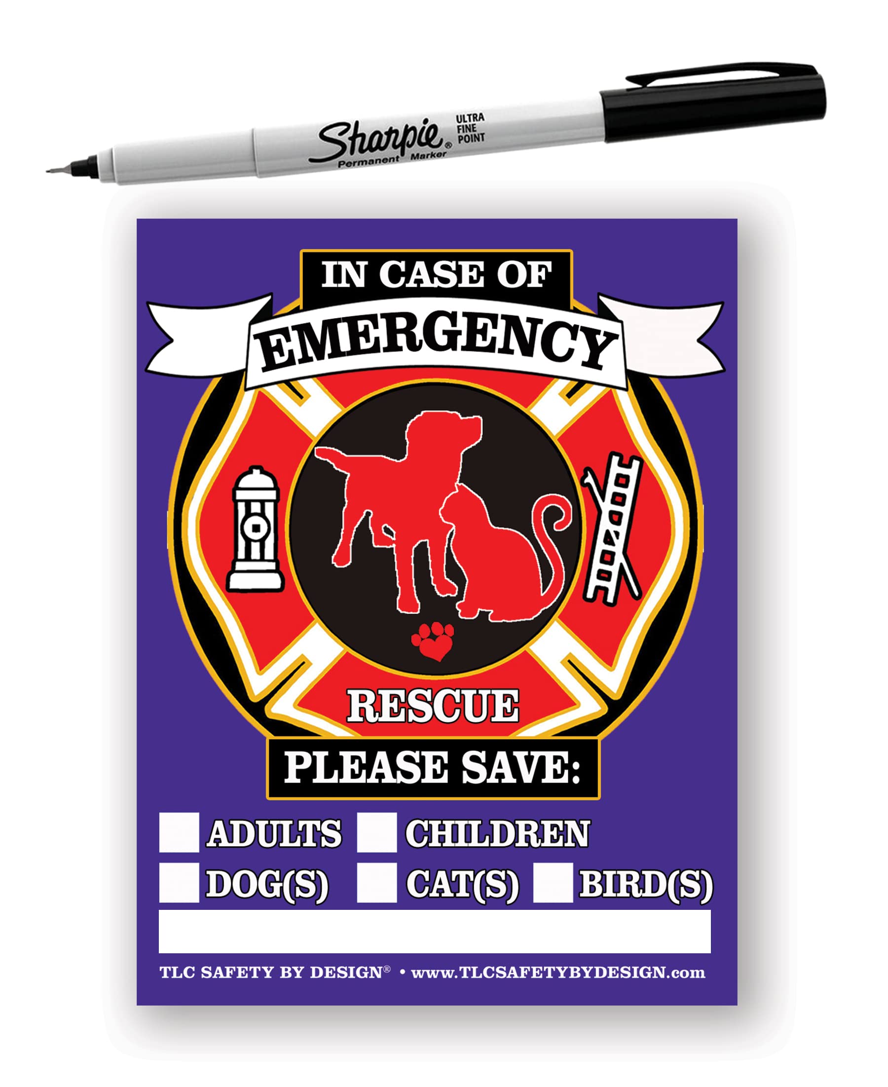 TLC Safety By Design Fire Rescue 4.25" x 5.5" Magnet Safety Alert Emergency Children Adults Pet Dog Cat for Steel Magnetic Exterior Apartment Doors