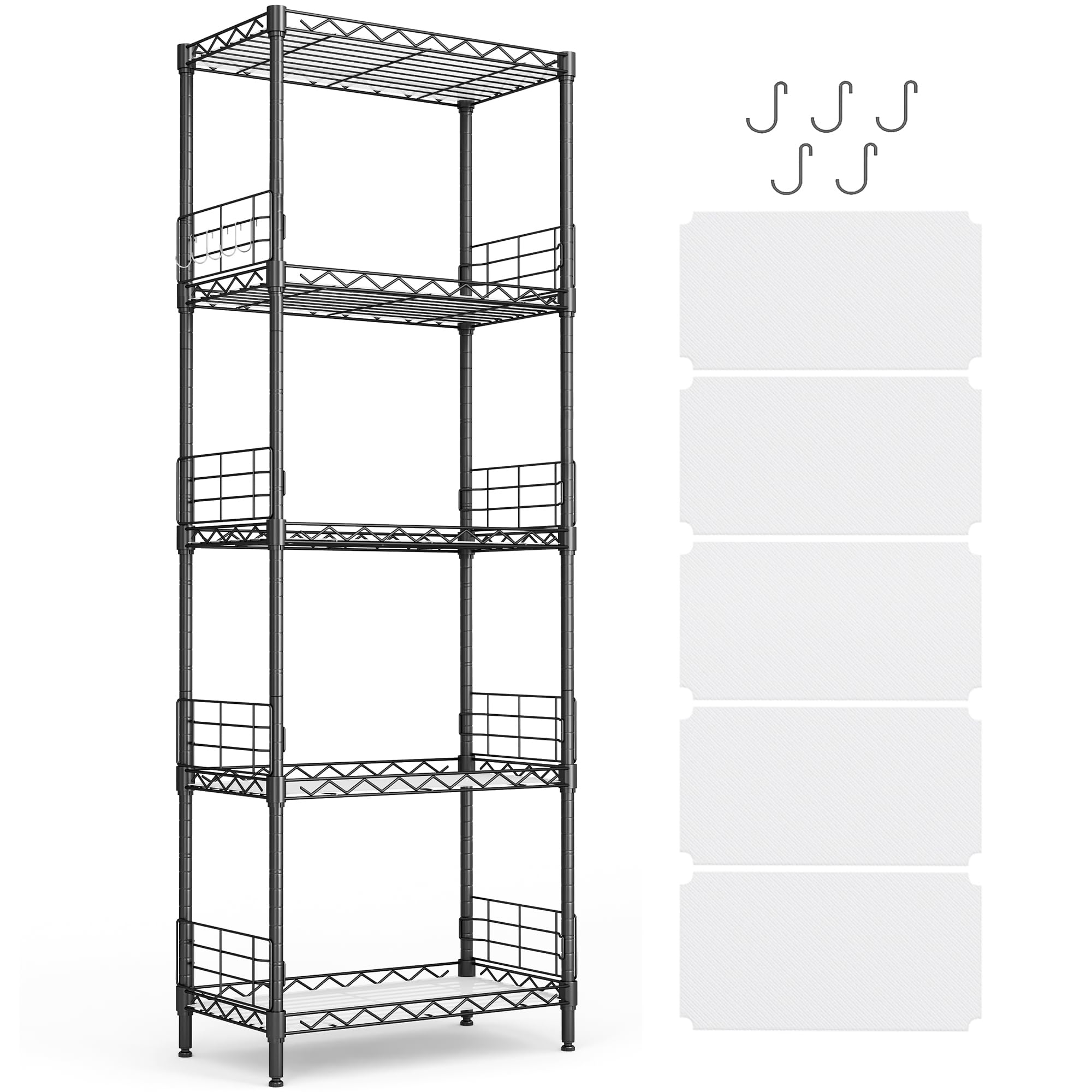 LINSY HOME Upgrade 5-Tier Storage Shelves, Height Adjustable Pantry Shelves with 5 Hooks & Shelf Liners, Metal Shelves for Storage, Storage Shelf Heavy Duty for Living Room, Kitchen, Bathroom