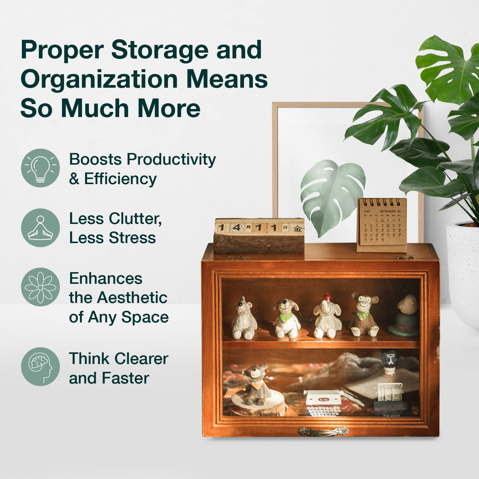 2-Tier Mini Display Cabinet - Wooden Storage Display Organizer with Dust Free Door - Bi-Level Rack & Wood Storage Box for Desk, Table Top or Counter Display - Small Organizing Cabinet for Desktop