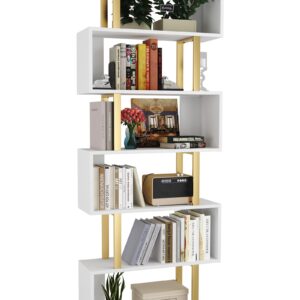 Yusong Geometric Bookcase, S Shaped Bookshelf 6-Tier Book Shelves for Bedroom, Modern Wood Decorative Display Shelf Tall Book Case for Home Office, Gold and White