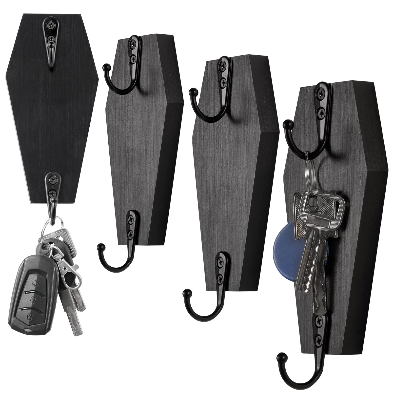 4 Pieces Coffin Wall Hook for Keys - Spooky Gothic Home Decor for Wall - Rustic Black Wooden Hanger for Keys, Mugs, Purse, Towel, Clothes - Wall Mounted Mini Coffins Hanger for Halloween Decoration