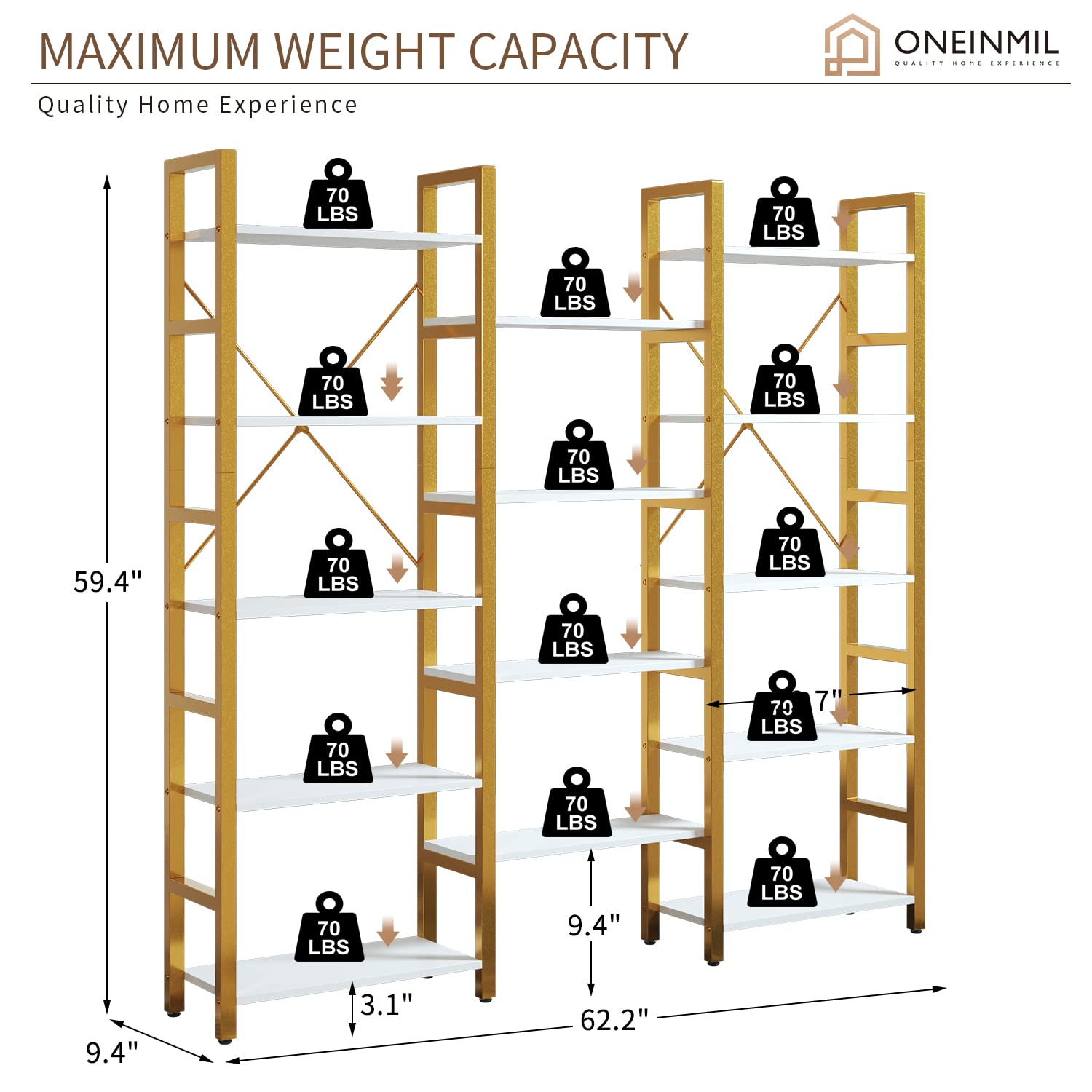 oneinmil Industrial Bookshelves 5 Tiers Corner Bookcases,Large Book Shelf with Metal Frame Open Storage Corner Cabinet for Living Room Home Office,Golden