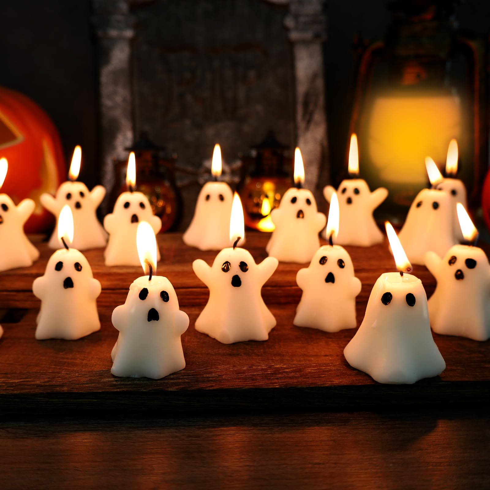 21 PCS Halloween Ghost Candles Spooky Candles White Floating Candles Halloween Decorative Tabletop Candle White Dripless Wax Burning Candles for Halloween Party