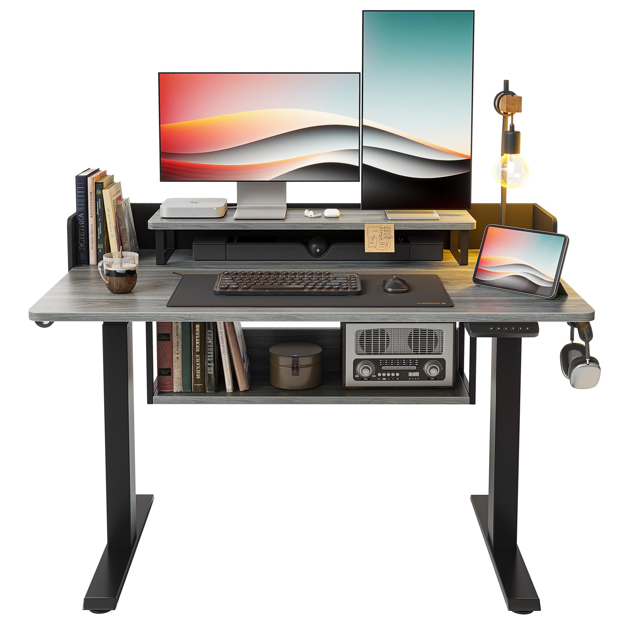 FEZIBO 48" Electric Standing Desk with Shelves, 48 x 24 Inch Sit Stand Rising Desk with Monitor Stand and Storage, Ergonomic Home Office Computer Desk, Rustic