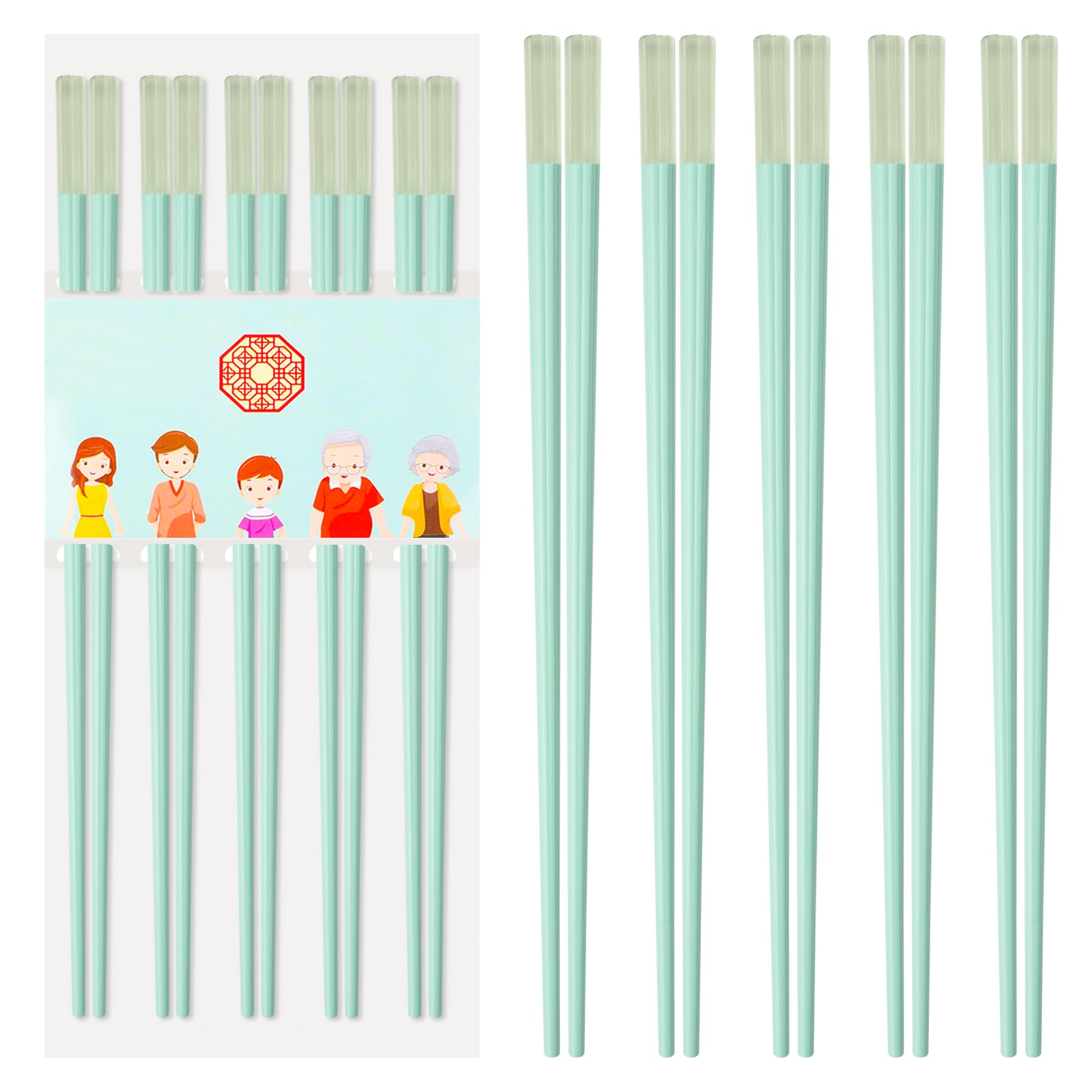 5 Pairs Chopsticks-Reusable Chopsticks Dishwasher Safe, 9.6 inch/24.3cm Matte Non-Slip Fiberglass Chop Sticks, Chinese/Japanese Korean Chop Stick Gift, Plum Blossom, Green