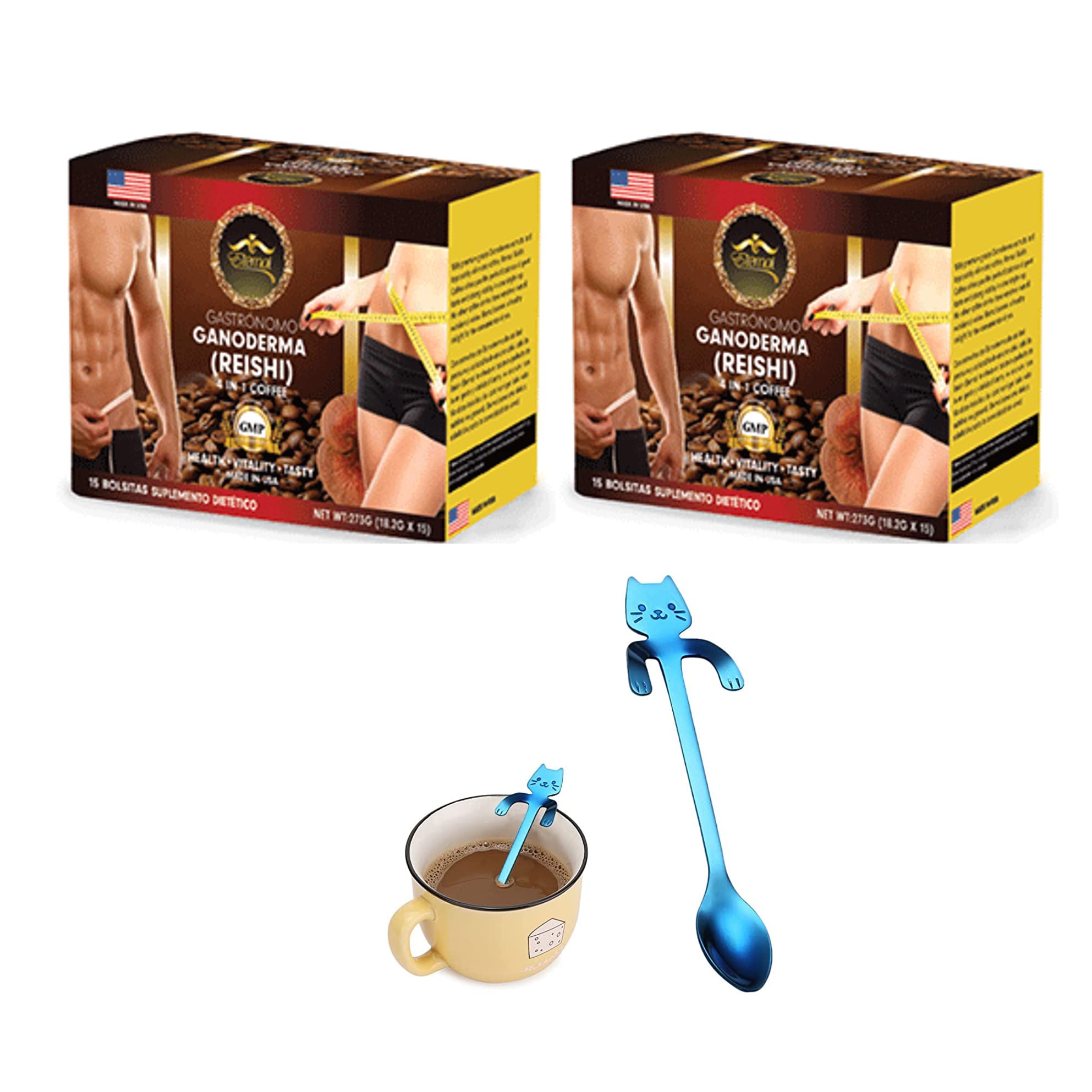 Eternal Spirit Beauty 4 in 1 Coffee, with GANODERMA (REISHI) – Pack of 2. Bonus 1 Stainless Steel Cute Mini Cat Spoon, Assorted Colors