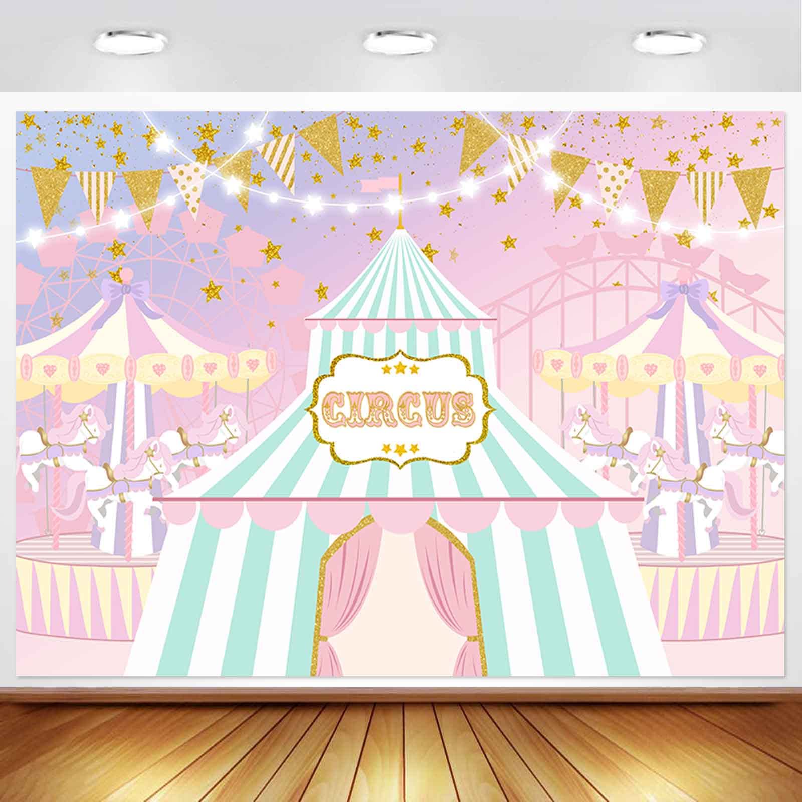 Ayayiya Pink Circus Backdrop for Girl Pastel Carnival Carousel Birthday Party Decorations Big Top Tent Ferris Wheel Photography Background Sweet Baby Shower Cake Table Banner Photo Booth Props 7x5ft