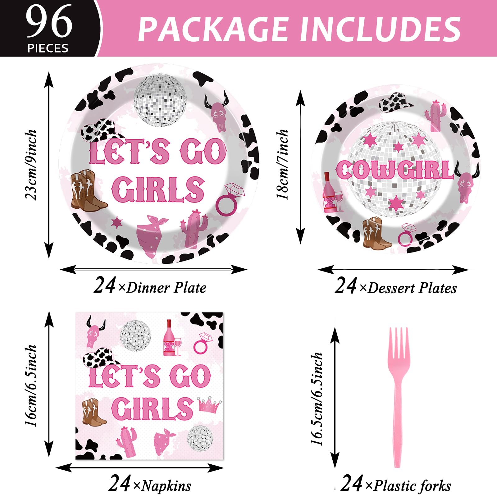 96pcs Lets Go Girls Bachelorette Party Tableware Set Western Cowgirl Party Supplies Plates Napkins Fork Printing Bachelorette Bridal Shower Party Supplies For Bachelorette Party Serves 24 Guests