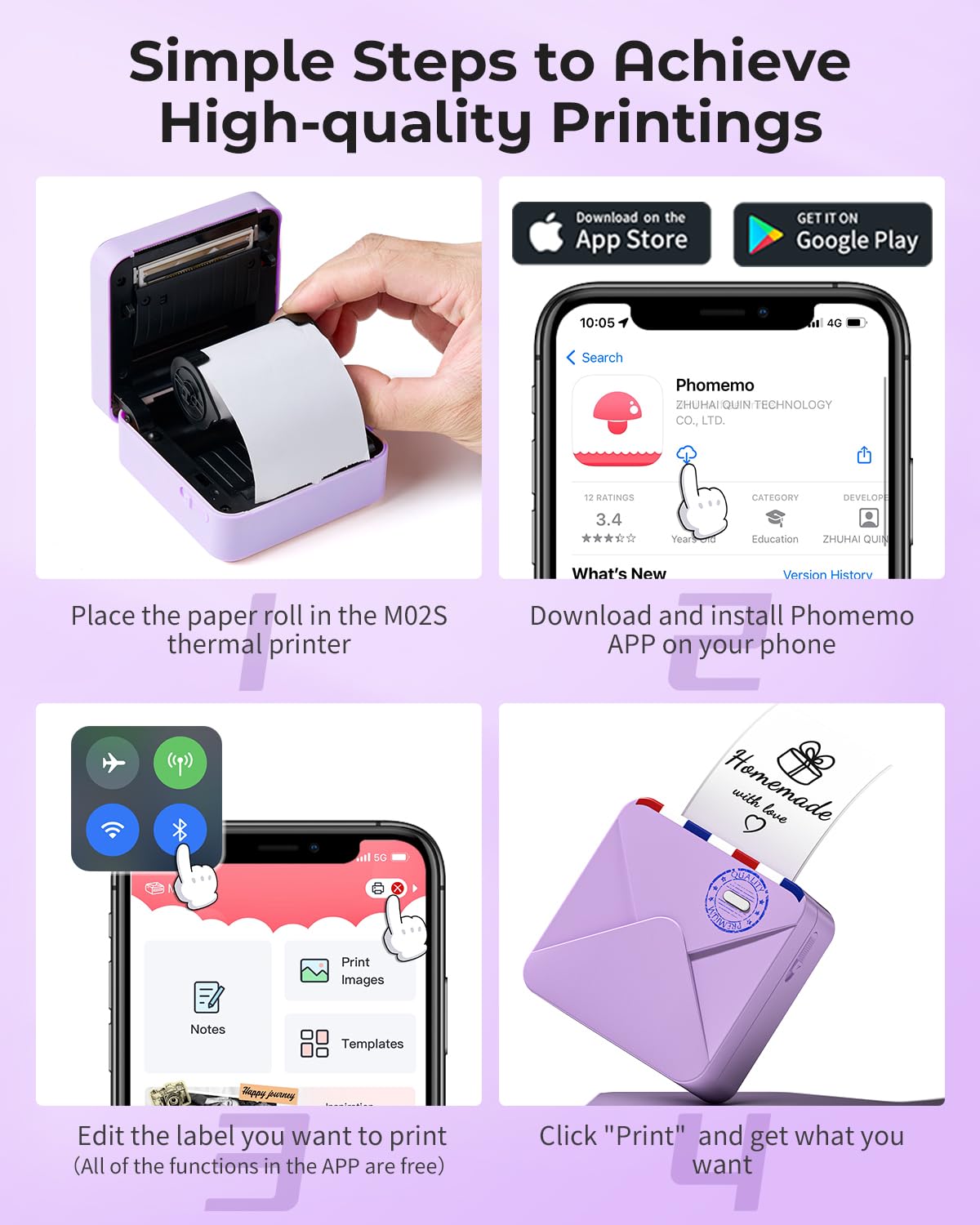 COLORWING M02S Pocket Mini Printer-Bluetooth Thermal Photo Mini Printer 300DPI,Thermal Sticker Printer for Study Notes, Photo, Organization, Gift, Compatible with iOS and Android