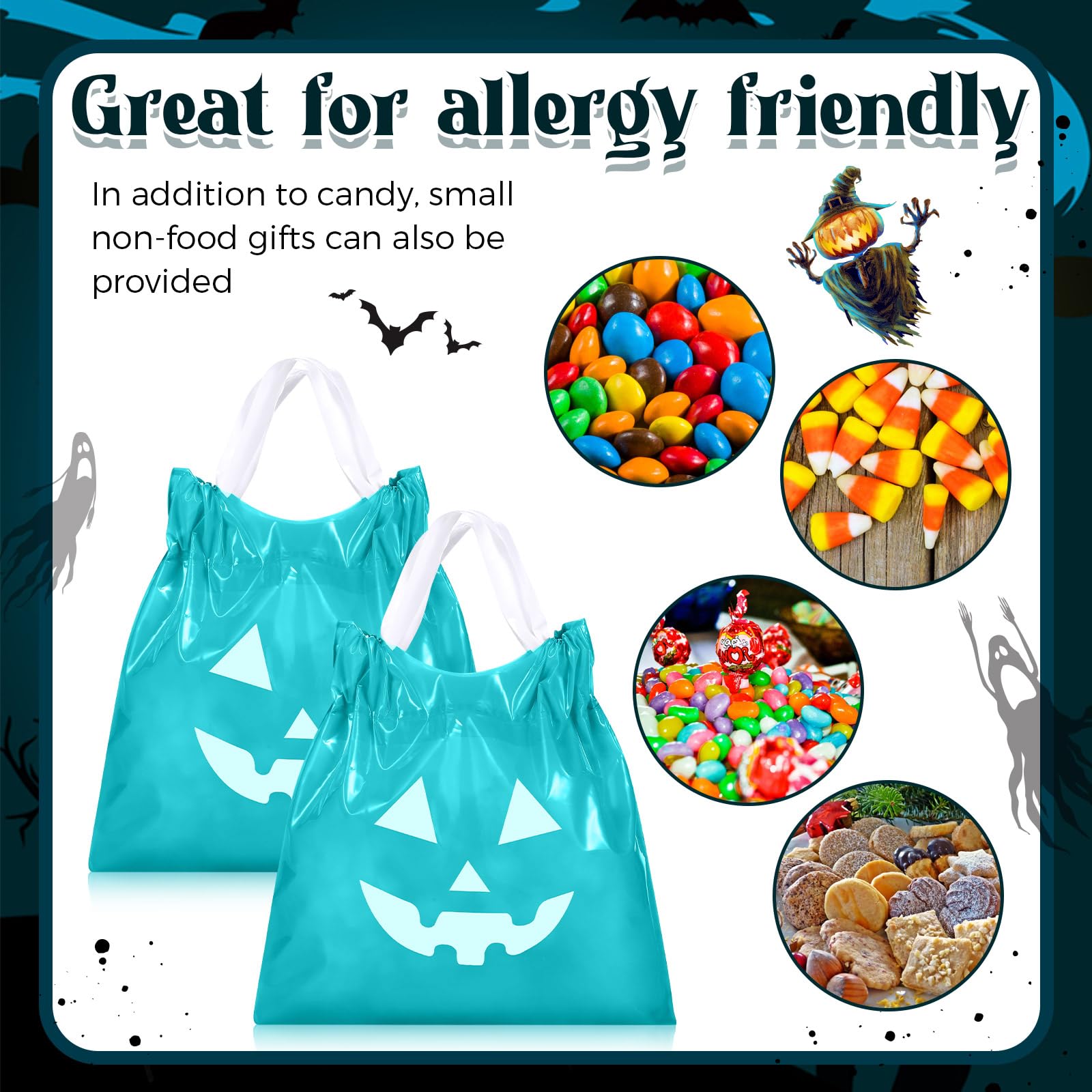 80 Pcs Halloween Drawstring Candy Bags Halloween Goody Bags Grimace Pumpkin Halloween Bags Small Party Treat Bags Trick or Treat Bags Plastic Goodie Bags for Halloween Party Favor (Teal)