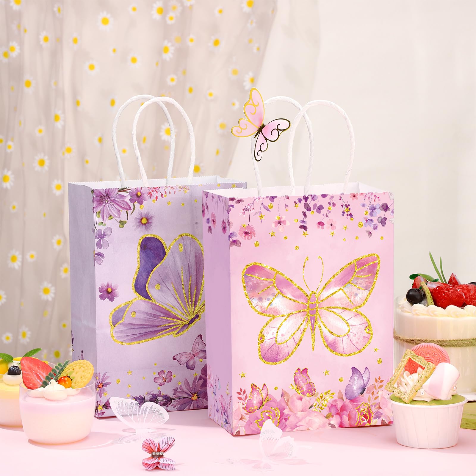 Outus 24 Pcs Butterfly Party Favors Bags Purple Blue Butterfly Gift Goodie Bags Butterfly Paper Bags Pink Butterfly Thank You Candy Treat Bags with Handles for Butterfly Birthday Party Decor Supplies