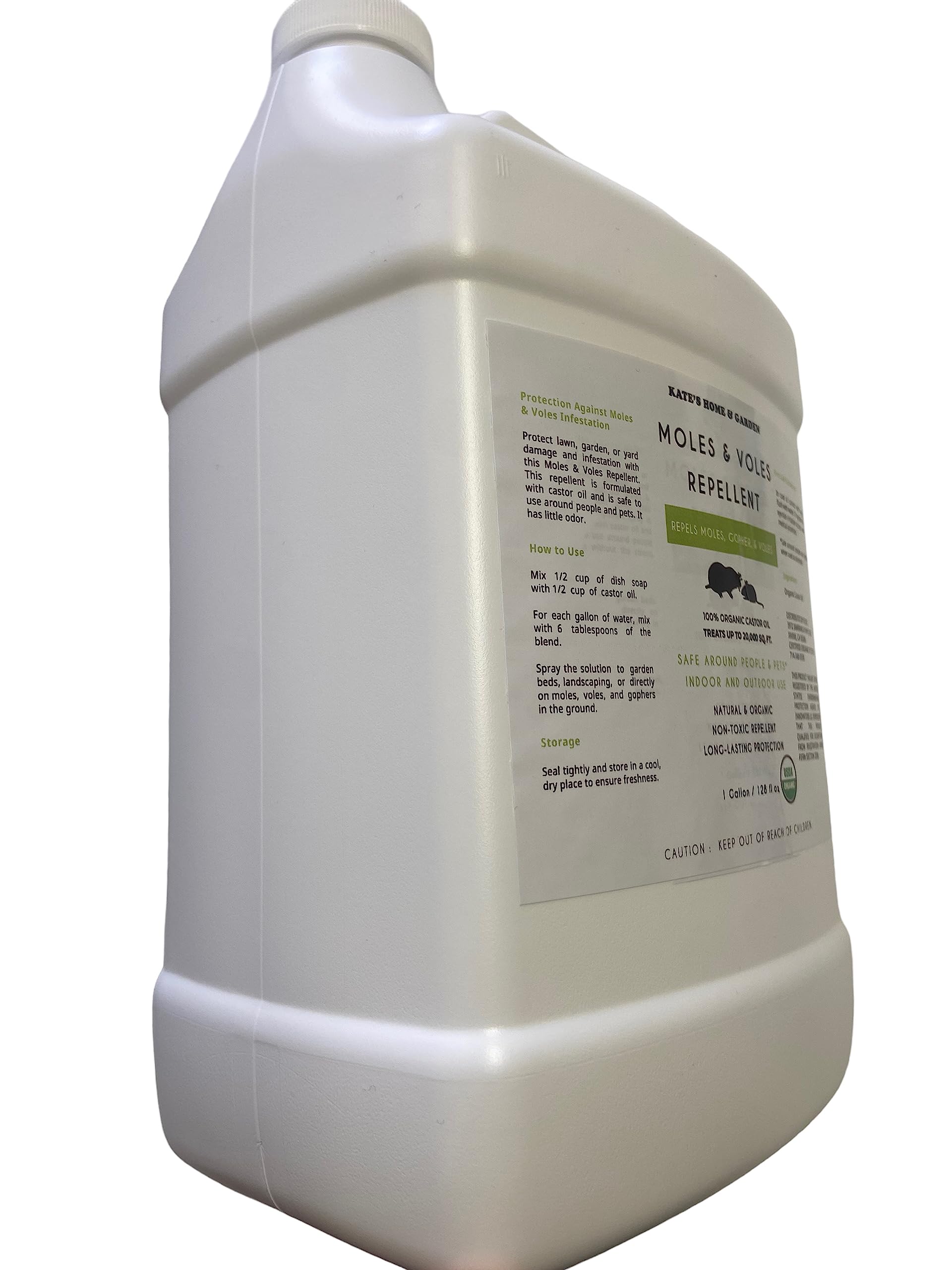 Mole & Vole Repellent for Lawns - Organic Castor Oil (128oz - 1 Gallon) - Kate's Home & Garden. Pet Safe & Non-Toxic. Pure Organic Castor Oil to Repel Moles, Voles, Rodents & Gophers Outdoor