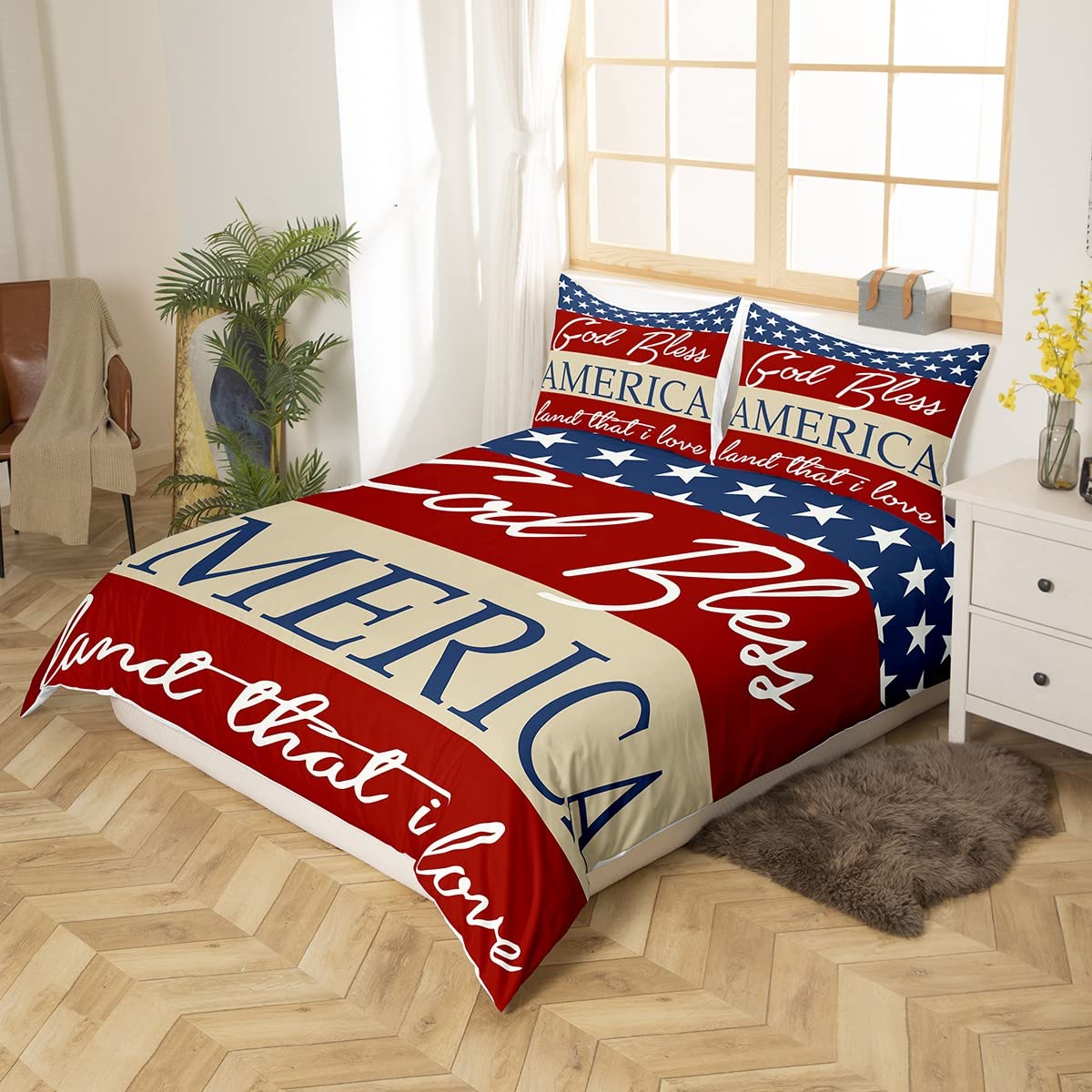 Independence Day Memorial Day Bedding Duvet Cover Set Queen Size 4th of July Bedding American Flag Comforter Cover Set Microfiber Bedspread Cover Patriotic Bedroom Bedclothes