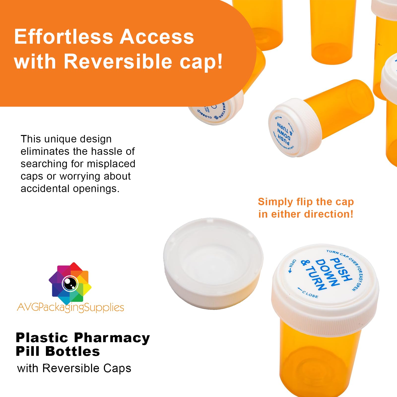 AVG Packaging Supplies Reversible Plastic Pharmacy Pill Bottles with Reversible Caps - Pharmacy Prescription Empty Containers, 13 Dram Vials (275ct)