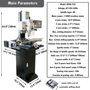 INTSUPERMAI Vertical Milling Drilling Machine7"X27" Mini Mill Drill Machine R8 Spindle Taper Set with Axis X Power Feed and Three - axis Grating Ruler 20-2250rpm Variable Speed 110V