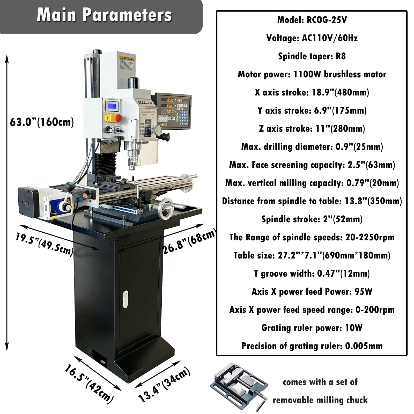 INTSUPERMAI Vertical Milling Drilling Machine7"X27" Mini Mill Drill Machine R8 Spindle Taper Set with Axis X Power Feed and Three - axis Grating Ruler 20-2250rpm Variable Speed 110V