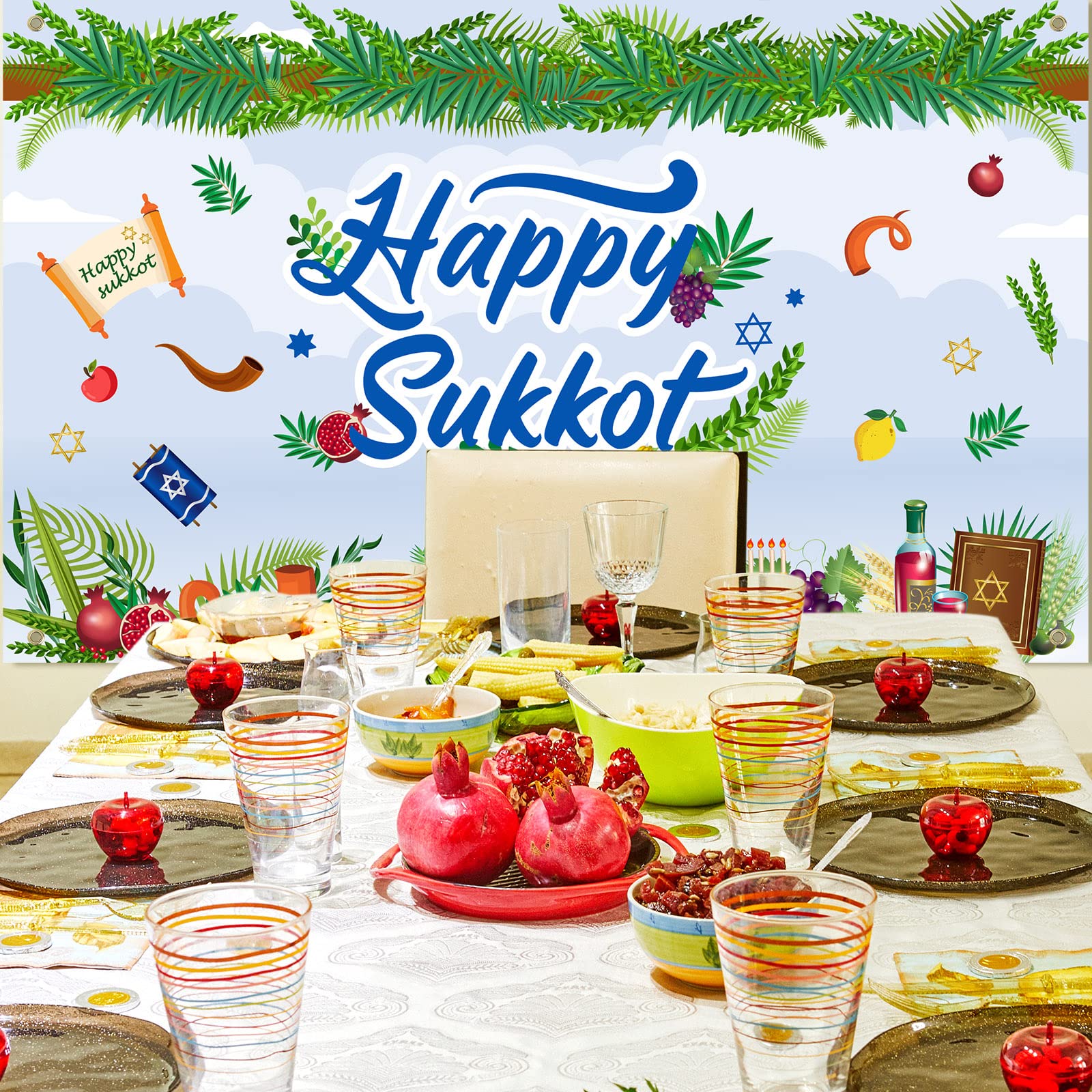 Newwiee Happy Sukkot Party Banner 71 x 43 Inch Sukkot Backdrop Banner Sukkah Decoration Etrog Lulav Jewish Tapestry Decorations Photography Background Wall Decoration for Photo Booth Wedding Birthday