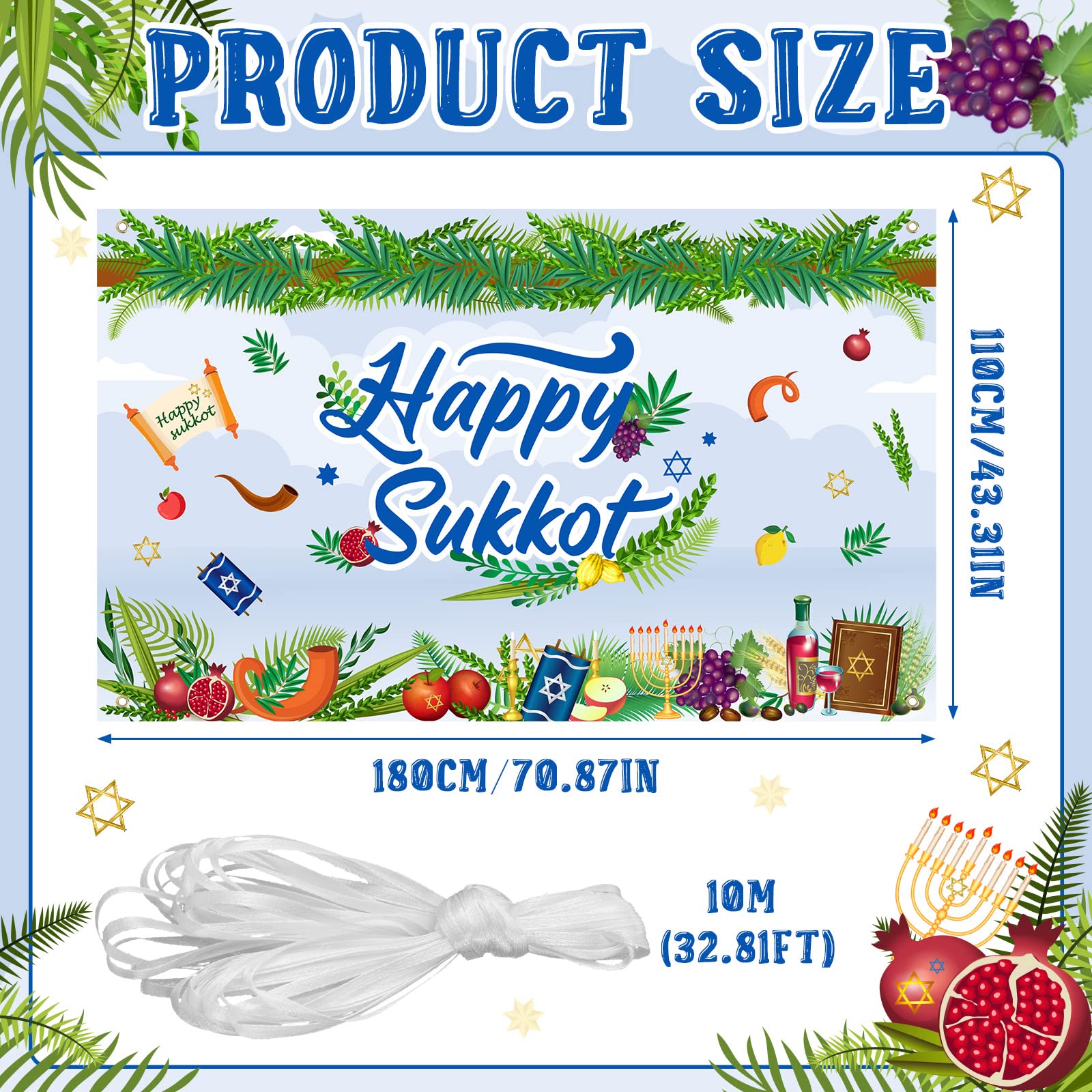 Newwiee Happy Sukkot Party Banner 71 x 43 Inch Sukkot Backdrop Banner Sukkah Decoration Etrog Lulav Jewish Tapestry Decorations Photography Background Wall Decoration for Photo Booth Wedding Birthday