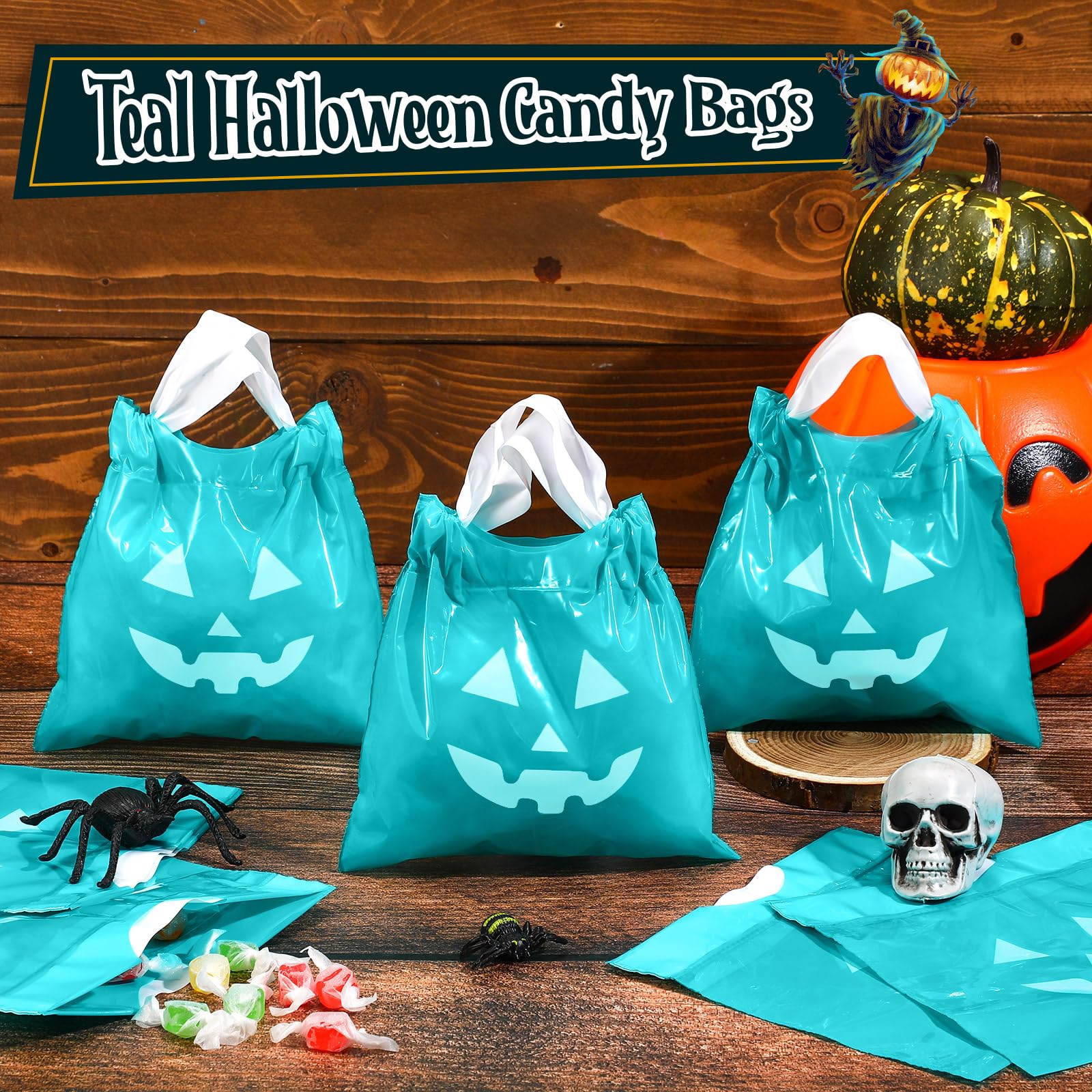 80 Pcs Halloween Drawstring Candy Bags Halloween Goody Bags Grimace Pumpkin Halloween Bags Small Party Treat Bags Trick or Treat Bags Plastic Goodie Bags for Halloween Party Favor (Teal)