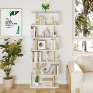 Yusong Geometric Bookcase, S Shaped Bookshelf 6-Tier Book Shelves for Bedroom, Modern Wood Decorative Display Shelf Tall Book Case for Home Office, Gold and White