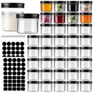 starside 4 oz glass mason jars with regular black lids, 40 pack 4 oz canning jars containers for jam, honey, candies,wedding favors, decorations. included 1 pens and 80 labels.