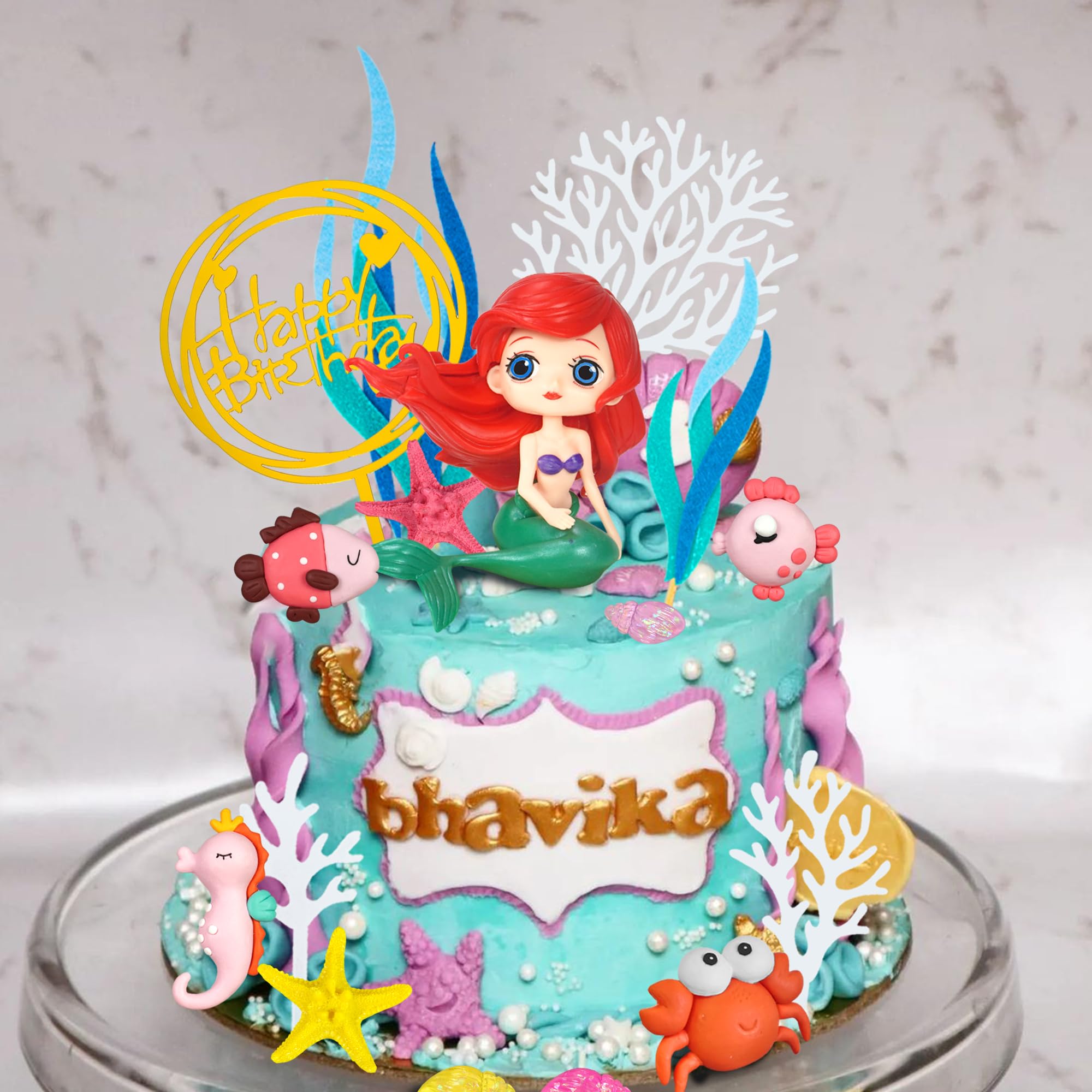 17 PCS Mermaid Cake Toppers Ocean Animals Under the Sea Cake Decorations with Ariel Model for Mermaid Under the Sea Theme Baby Shower Birthday Party Supplies (style 1)