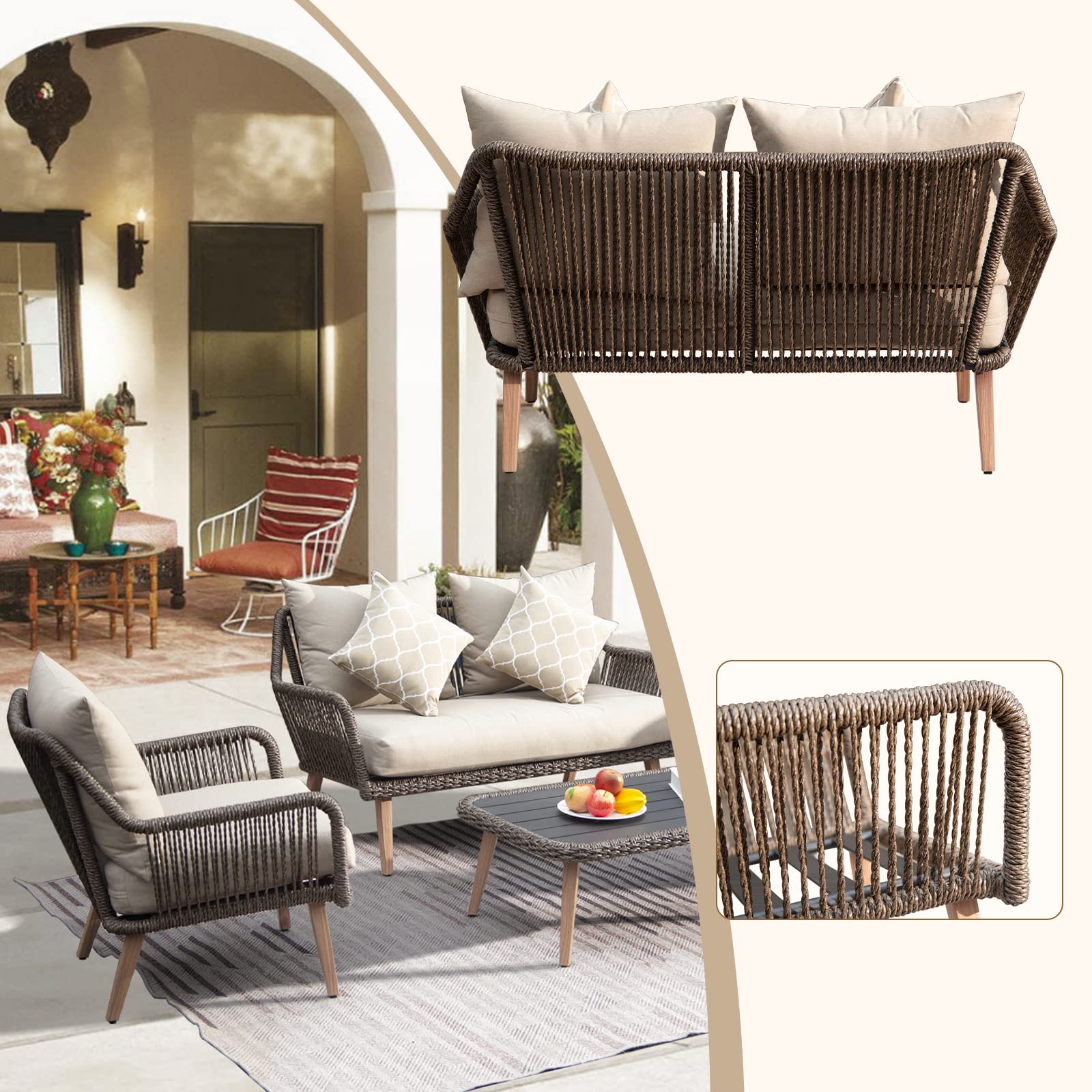 Domi Patio Furniture Set, 4 Pieces Rope Wicker Patio Set with Aluminum Frame, Outdoor sectional Sofa with Coffee Table, Outdoor Sofa, Loveseat, Ideal Outdoor Furniture for Gazebo, Pergola, Patio