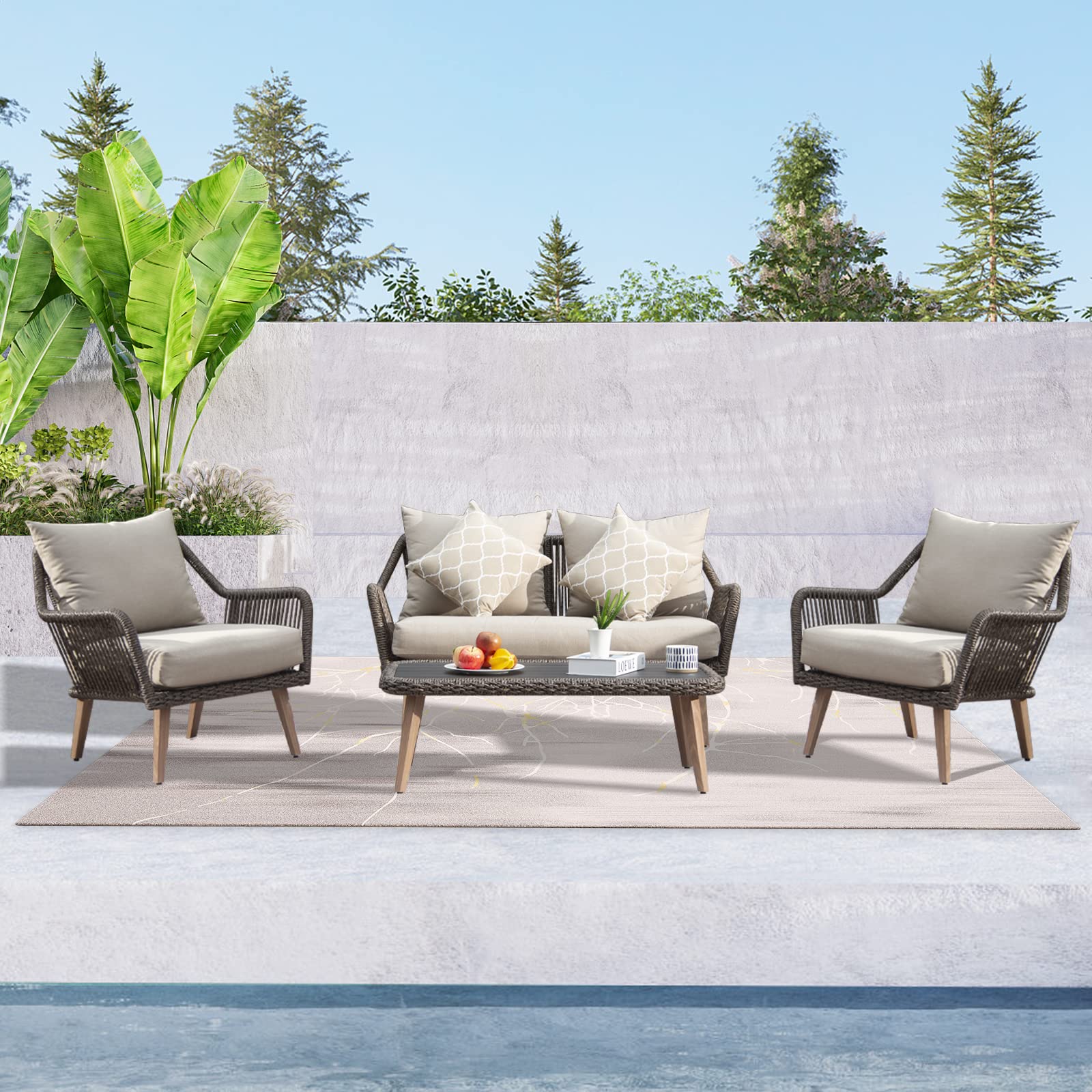 Domi Patio Furniture Set, 4 Pieces Rope Wicker Patio Set with Aluminum Frame, Outdoor sectional Sofa with Coffee Table, Outdoor Sofa, Loveseat, Ideal Outdoor Furniture for Gazebo, Pergola, Patio