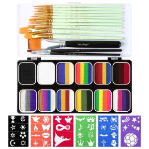 springsky 39 colors face paint kit for kids: professional face painting kit with 6 stencils and 13 brushes - water activated facepaint makeup kit - non toxic face paint for halloween and christmas