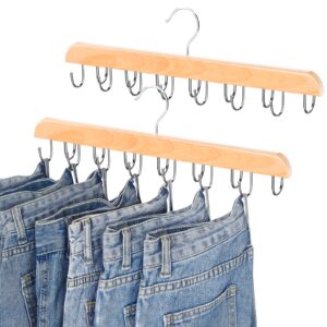 jean hangers for closet, 14 wood jeans hooks space saving, 180° rotating jean hangers holder for jeans/skirts/shorts/belts/ties, closet organizers and storage, pants hooks for jeans, 2 pack, natrual