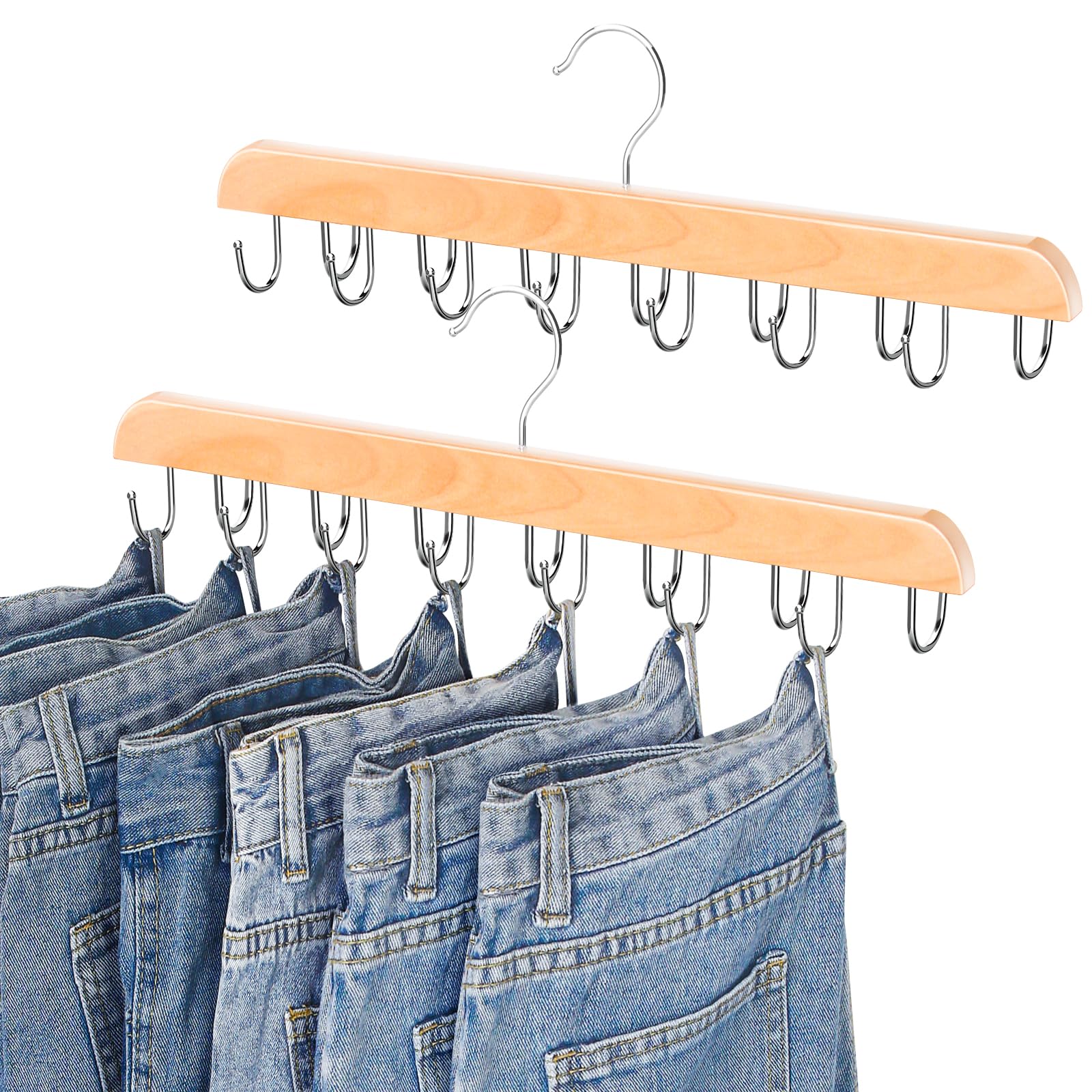 Jean Hangers for Closet, 14 Wood Jeans Hooks Space Saving, 180° Rotating Jean Hangers Holder for Jeans/Skirts/Shorts/Belts/Ties, Closet Organizers and Storage, Pants Hooks for Jeans, 2 Pack, Natrual