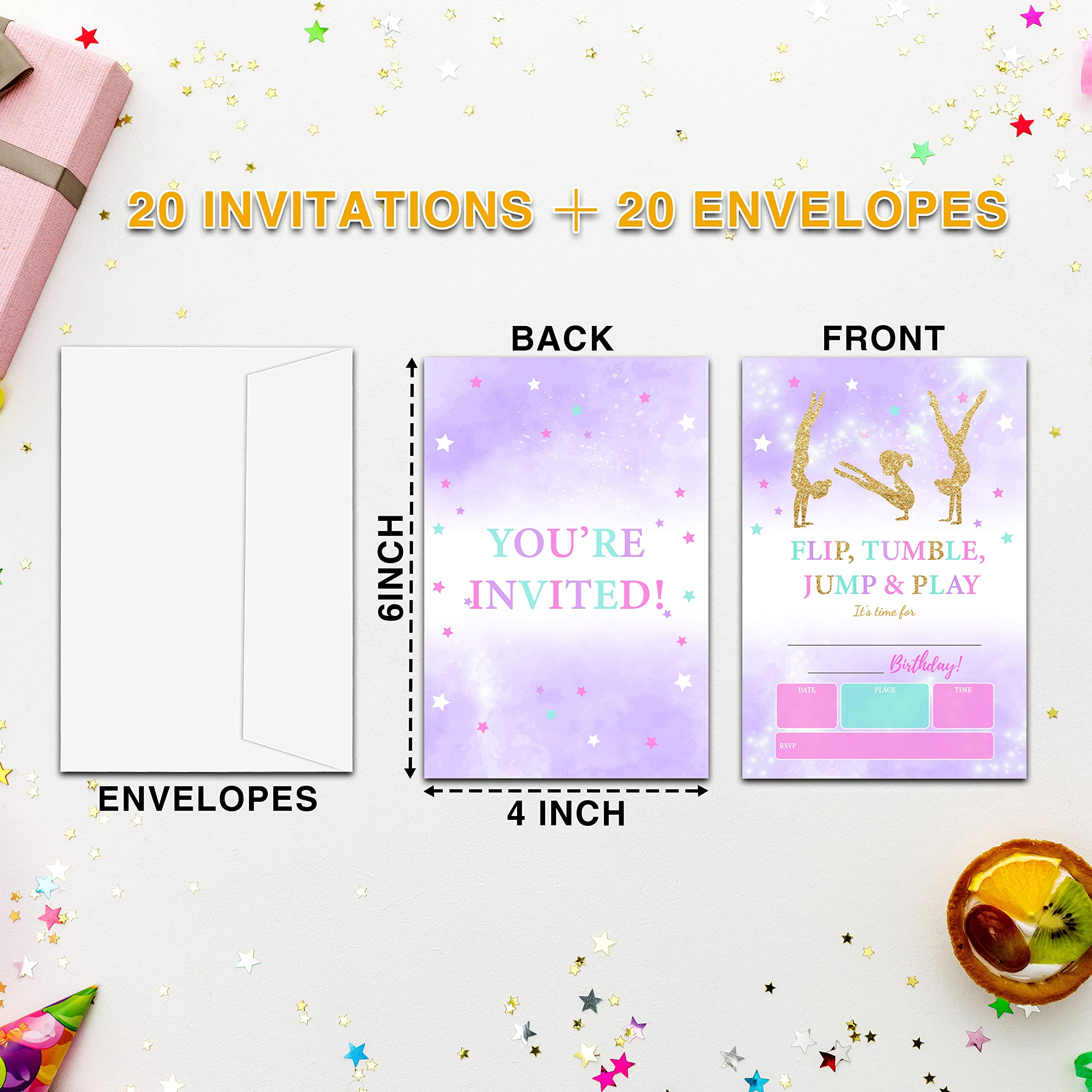 Gymnastics Birthday Invitations for Kids, Gold Glitter Birthday Party Invitation Cards, Jump Tumble and Play Party Celebration Supplies Decoration -20 Fill in Invitations with Envelopes (B17)