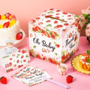 Jetec 50 Pcs Sweet Strawberry Diaper Raffle Tickets with Diaper Raffle Box Strawberry Baby Shower Decoration Diaper Raffle Game Kit Baby Shower Holder Box for Girl Gender Reveal Party Favor Supply