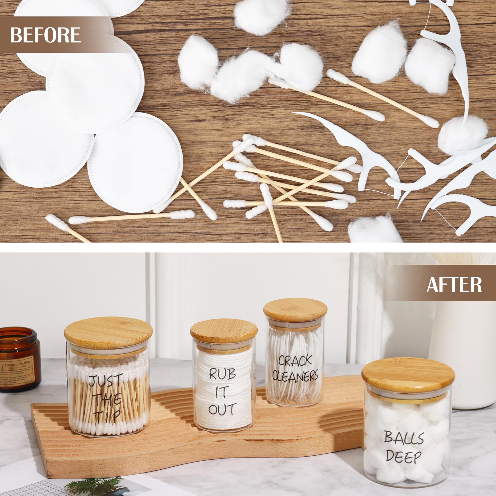 Fixwal 4 Pack Qtip Holder Glass Dispenser, Apothecary Jars with Bamboo Lids and Labels for Bathroom Storage Organizer (10&12oz)