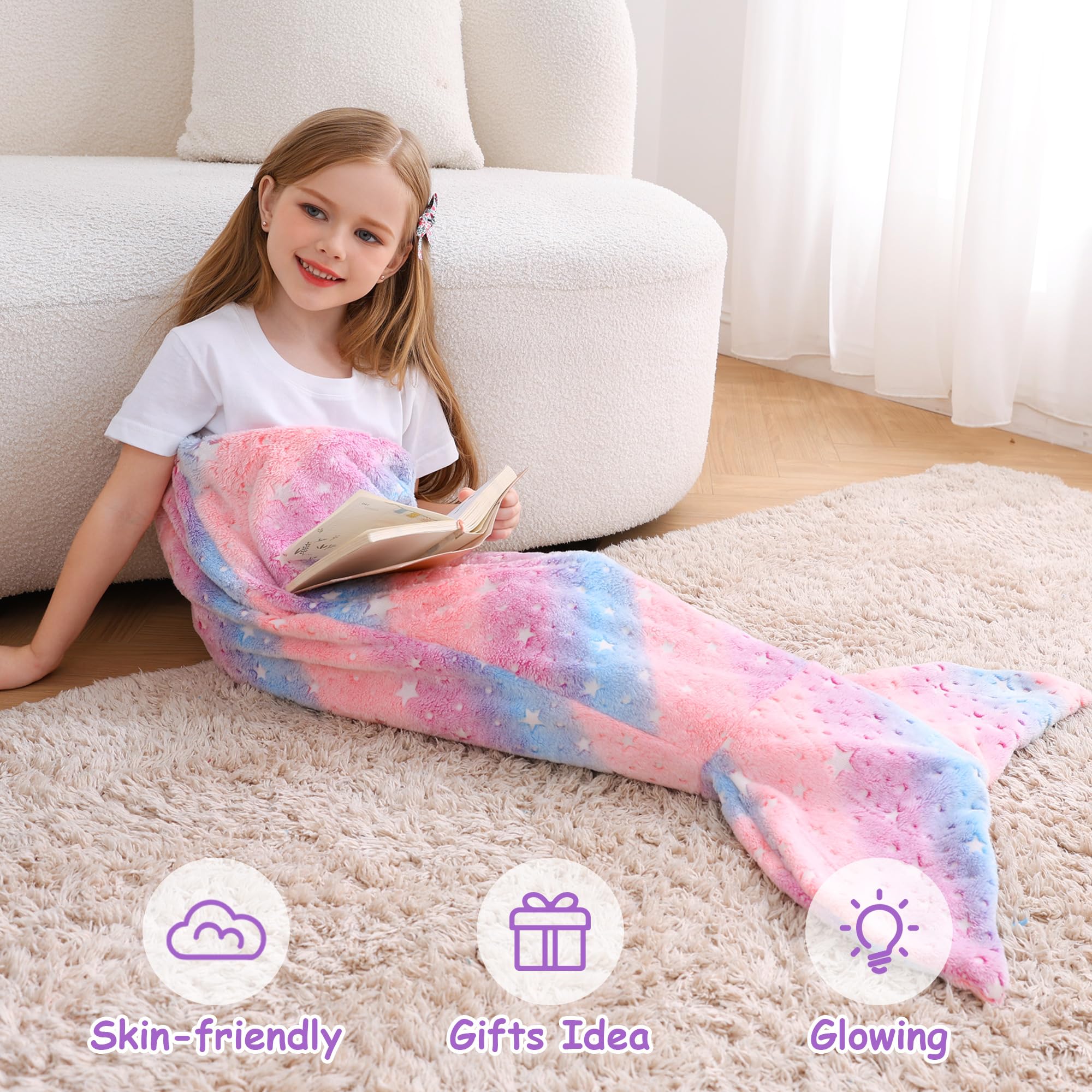 Softan Kids Mermaid Tail Blanket,Glow in The Dark Blanket for Girls, Soft Flannel Fleece Toddler Mermaid Blanket with Glitering Stars and Rainbow Ombre Fish Scale Design - 17" x 39"