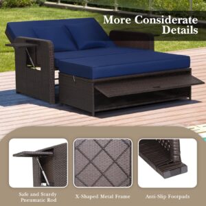 COSTWAY Patio Rattan Daybed with Cushions, Outdoor Wicker Loveseat Sofa with Storage Ottoman, 4-Level Adjustable Backrest, Bed Lounger for Yard, Balcony, Porch, Garden, Pool, Navy