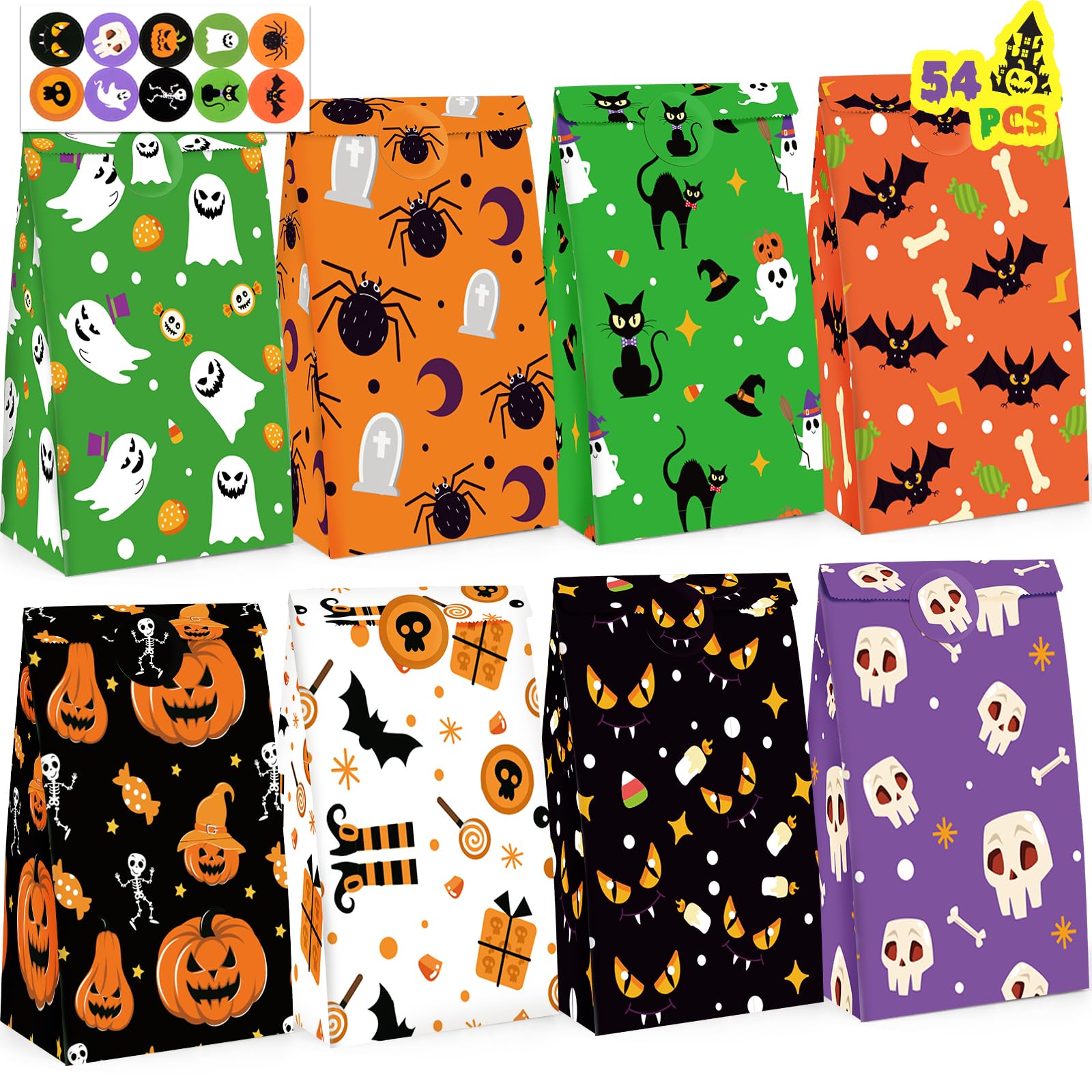 JOHOUSE 54PCS Halloween Candy Bags Bulk, Halloween Paper Treat Bags Small Gift Bags Favor Bags with Sealing Stickers for Trick or Treat Party Decor